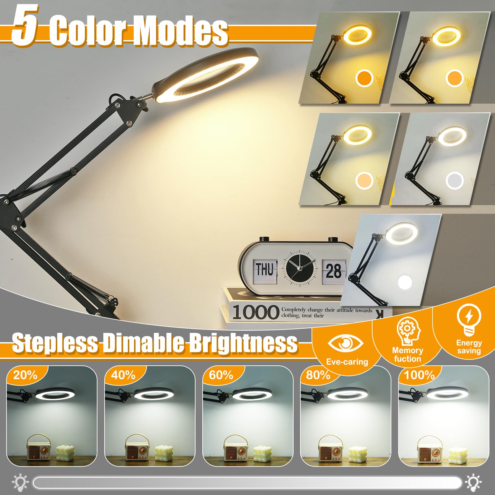 IVMAIE 10-fache Lupe mit Licht und Ständer, 2-in-1 beleuchtete Lupe mit Klemme, 5 Farbmodi, dimmbare LED-Schreibtischlampe, freihändig zum Malen, Basteln, Schmuck, Nähen, Hobby-Modell, enge Arbeit
