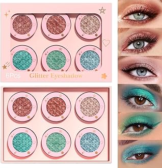 evpct6 Colors Glitter Shimmer Shiny Metallic Eye Shadow Makeup Palette Highly Pigmented Waterproof Bronzer Brown Rose Gold Light green blue Cyan Glitter Shimmer Sparkling Sparkle Eyeshadow for Girl 2