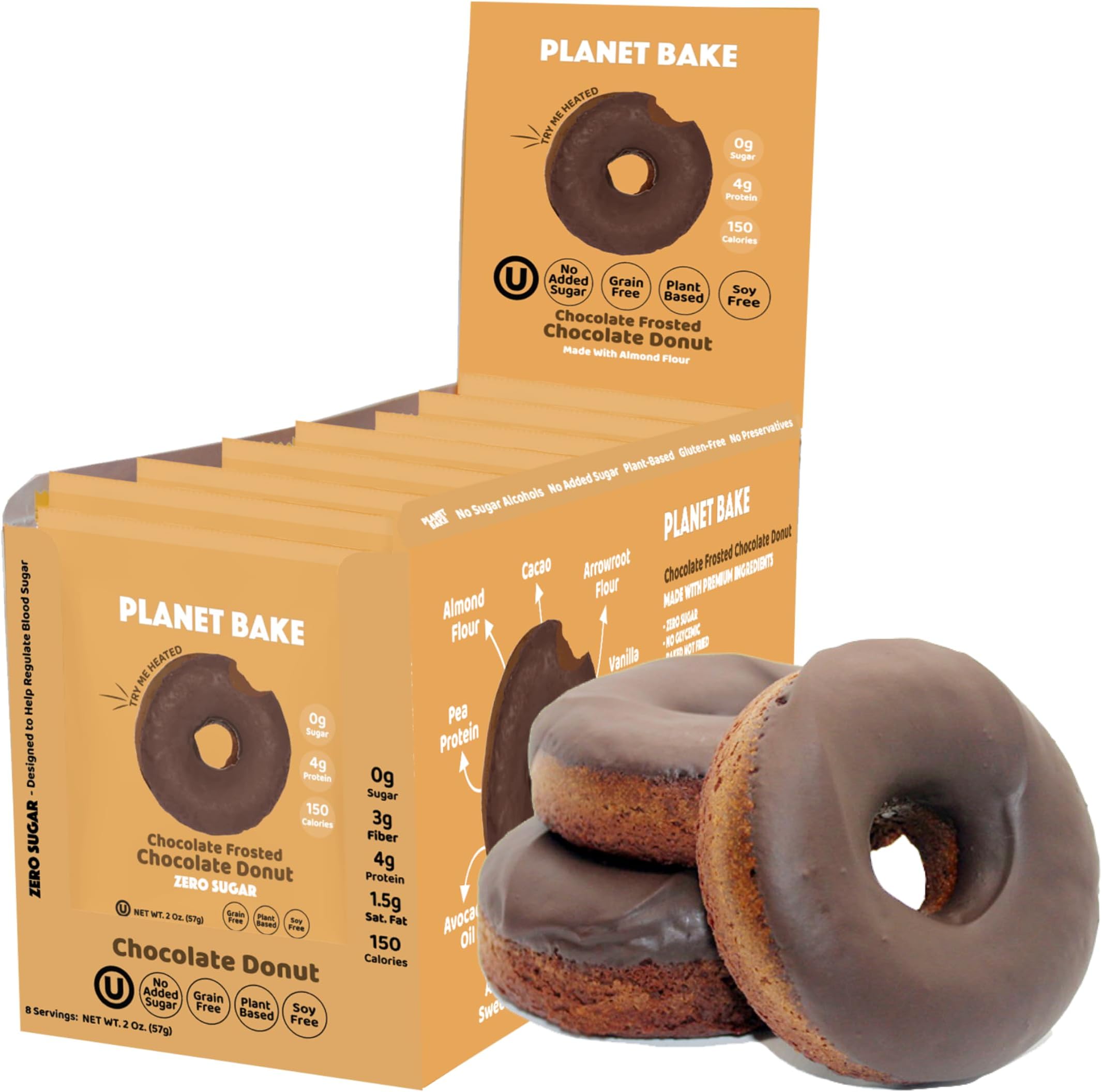 PLANET BAKE Vegan Donut - Gluten Free, Sugar Free, Kosher, Soy Free, Keto Donuts - Moist & Delicious Individually Wrapped Donuts For On-The-Go Healthy Snacking - Dark Chocolate (8 Pack)