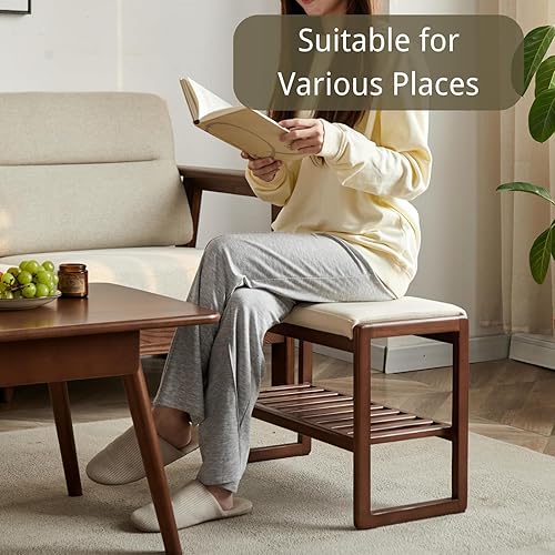 Miniatura 6 de Banco pequeño de almacenamiento de zapatos de madera maciza, banco moderno para zapatos con cojín suave, organizador de entrada y espacios pequeños