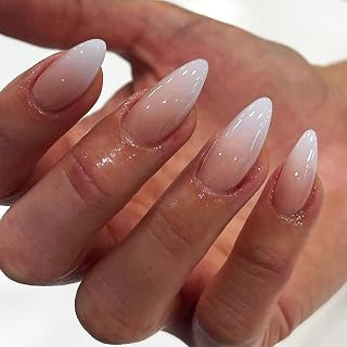 Gradient Press on Nails with Stiletto Design, Glossy White Ombre False Nails Gel Glue on Nail Gradient Manicure Art Acrylic Medium Almond Full Cover Fake Nails Stick on Nails for Women Girls 24Pcs