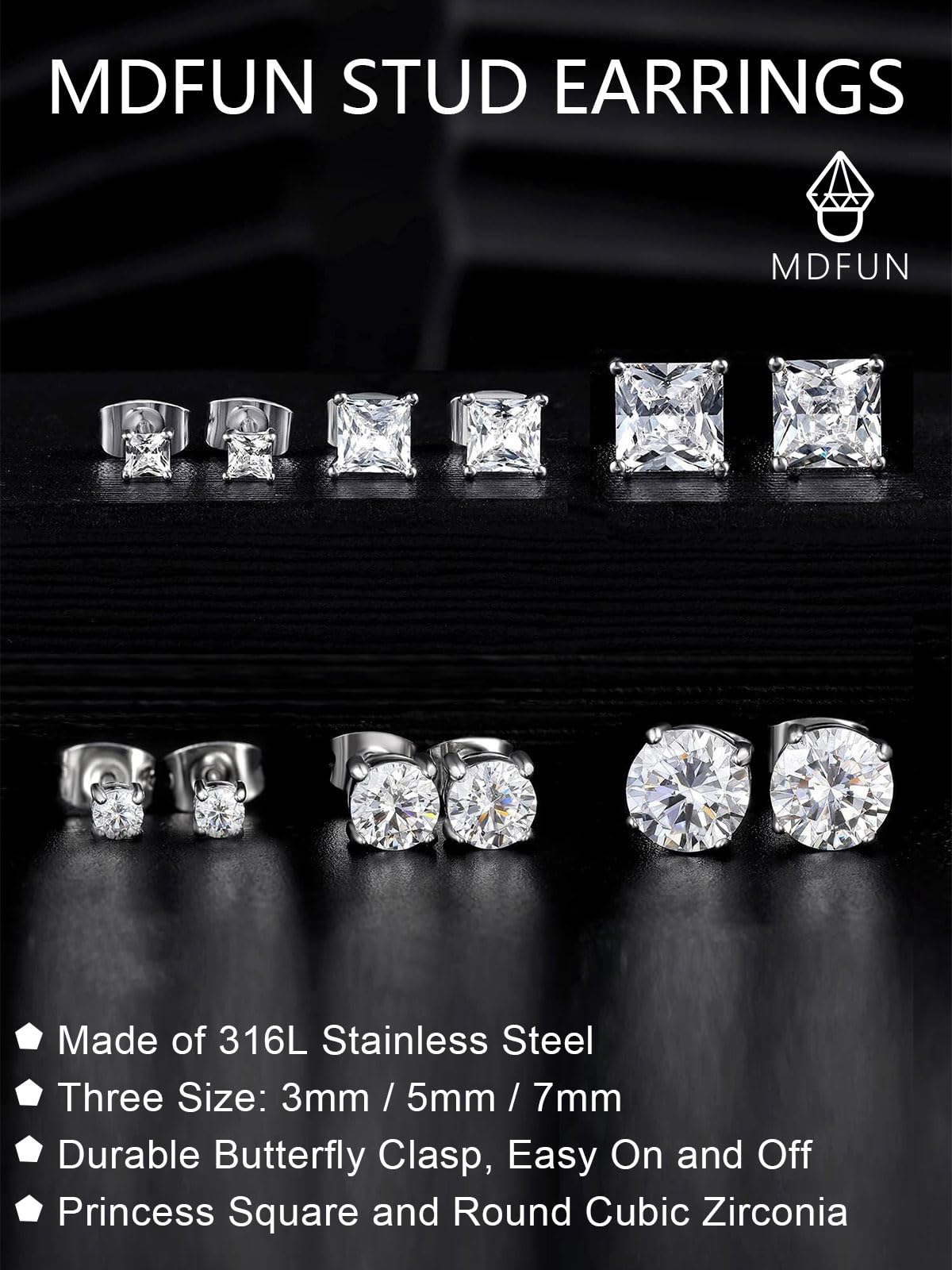 MDFUN 6 Pairs Stud Earrings Set 3mm/5mm/7mm Princess & Round Cubic Zirconia Earrings Hypoallergenic 316L Surgical Stainless Steel CZ Earrings for Women Men