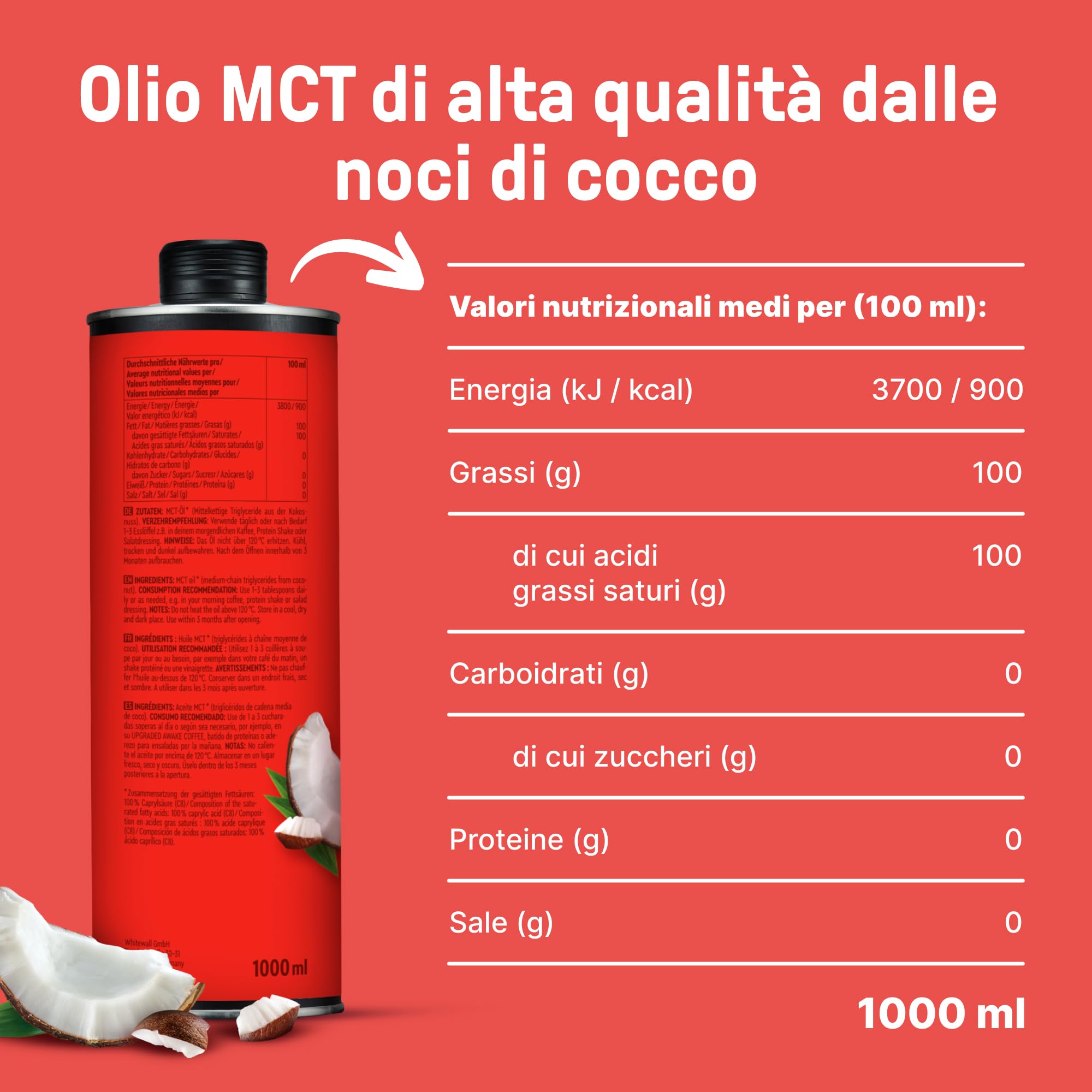 BRAINEFFECT Olio MCT 100% C8 - Qualità tedesca - Olio C8 puro (senza C10) da estratto di cocco di alta qualità - 1000 ml - Bottiglia metallica protettiva