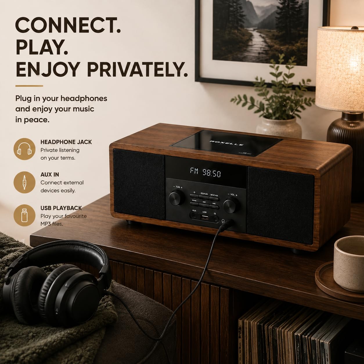 ROXELLE Sistema Hi-Fi compatto CD-440 con lettore CD, Bluetooth, radio FM, riproduzione MP3 USB, AUX e jack per cuffie, 2 altoparlanti stereo da 10 W, telecomando, finitura in legno di noce