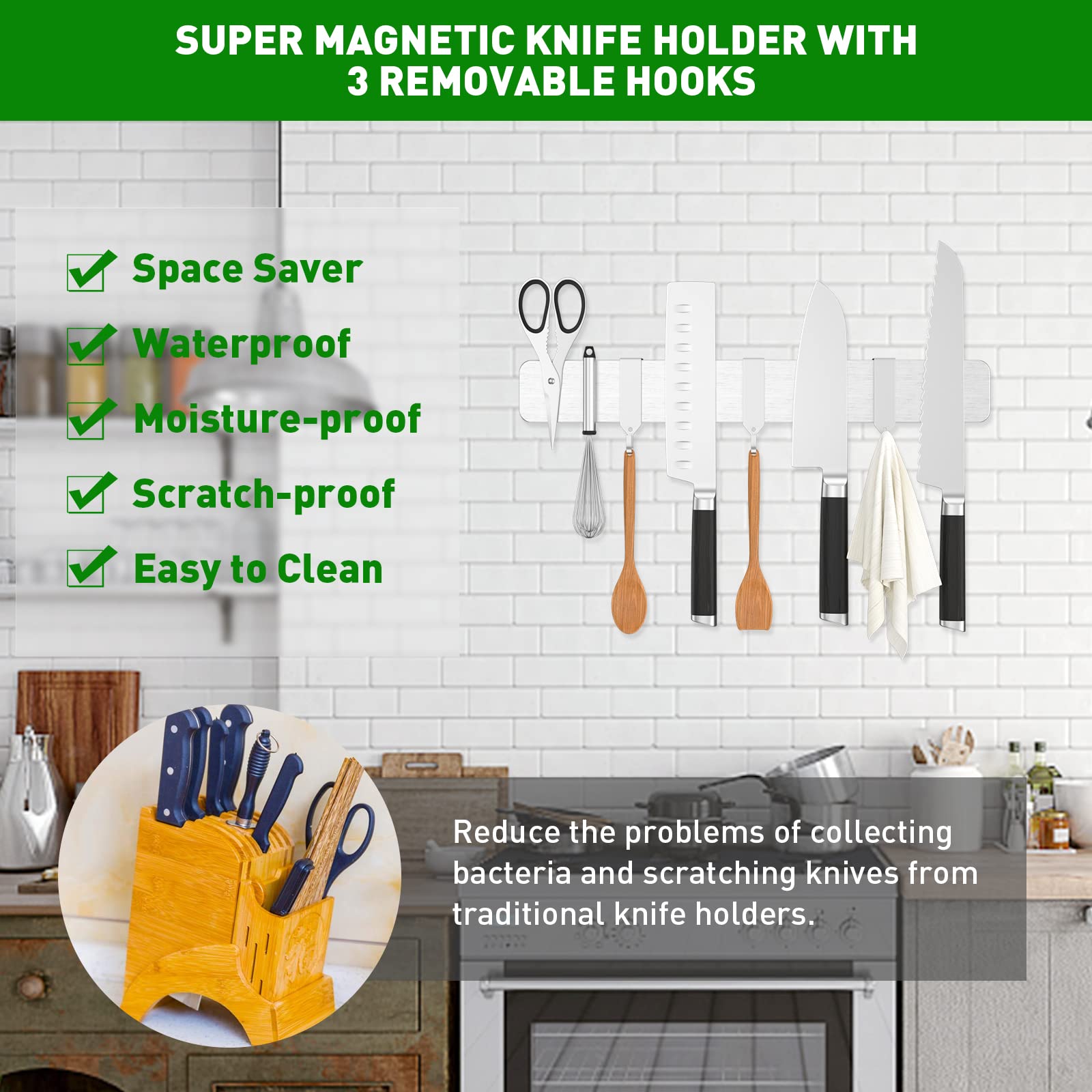Barra Magnetica para Cuchillos 16inch(40cm) Ninonly Iman Cuchillos Cocina Acero Inoxidable con 3 Ganchos, Soporte Magnético Cuchillos Fácil Instalación Puede Absorber Herramientas De Hierro, Cucharas