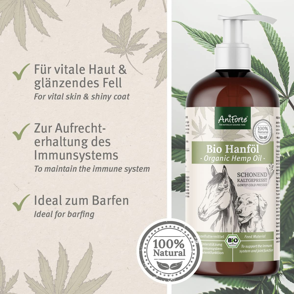 AniForte Huile de Graines de Chanvre Bio 1 L pour Chiens & Chevaux – Pressée à Froid, Pure et Naturelle, Complément Alimentaire sans Additifs