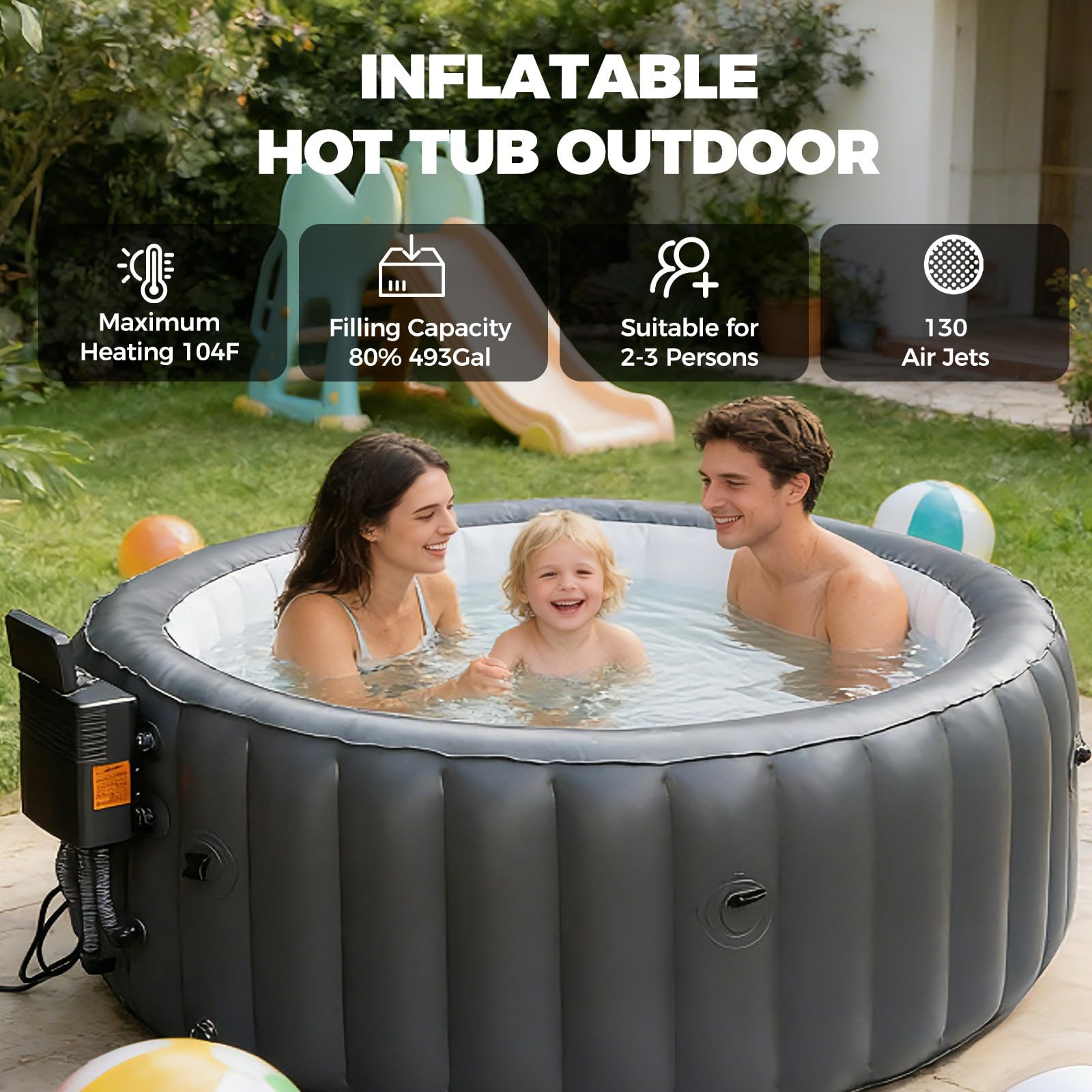 Vasca idromassaggio gonfiabile con riscaldatore, temperatura max. 40 °C/104 °F, 130 getti d'aria, per 2-3 persone, ideale per patio e giardino, facile da installare