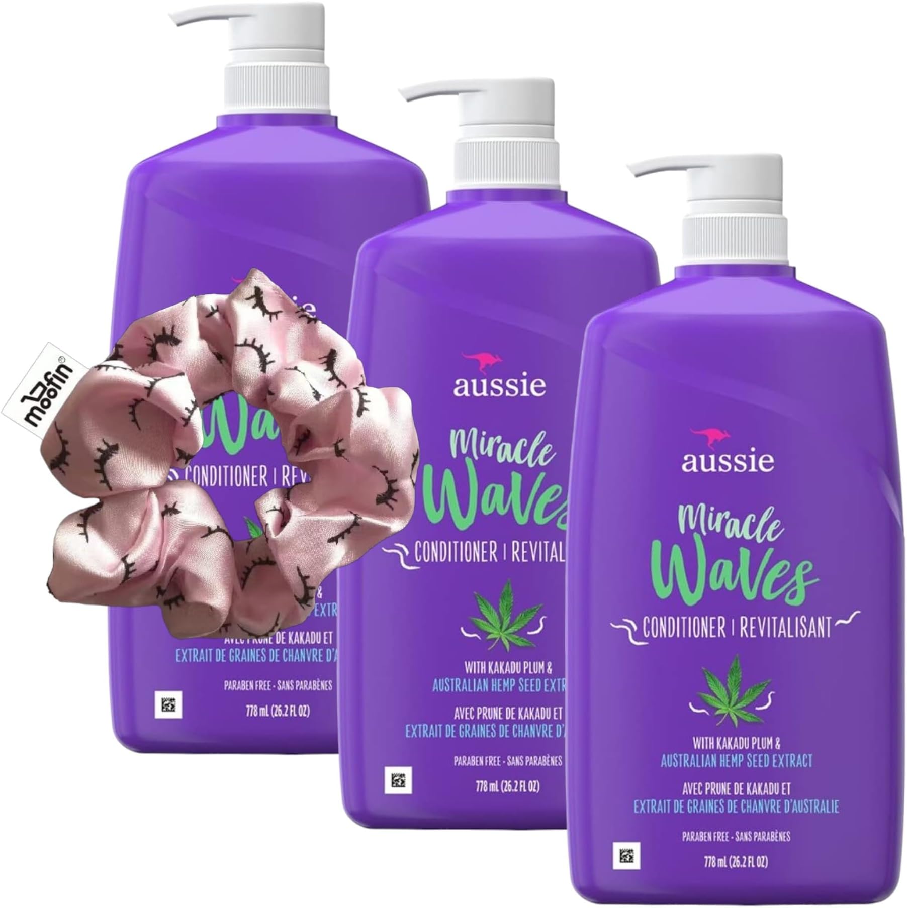 Aussie Miracle Waves Hydrating Conditioner, 26.2 Oz With Australian Kakadu & Hemp Seed, Enhances Wavy Hair, Paraben-Free, Bundle With Hair Tie, Deep Moisture For Bouncy Waves [Pack Of 3]