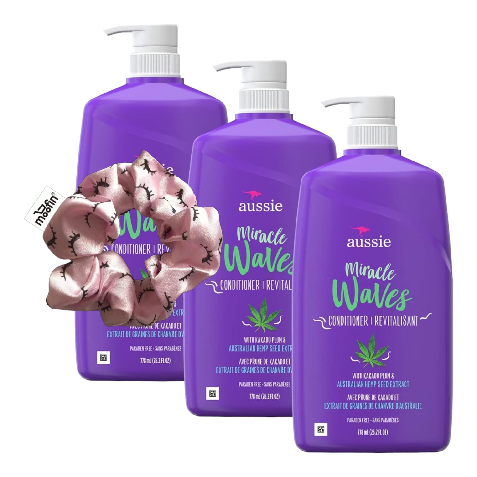 Aussie Miracle Waves Hydrating Conditioner, 26.2 Oz With Australian Kakadu & Hemp Seed, Enhances Wavy Hair, Paraben-Free, Bundle With Hair Tie, Deep Moisture For Bouncy Waves [Pack Of 3]