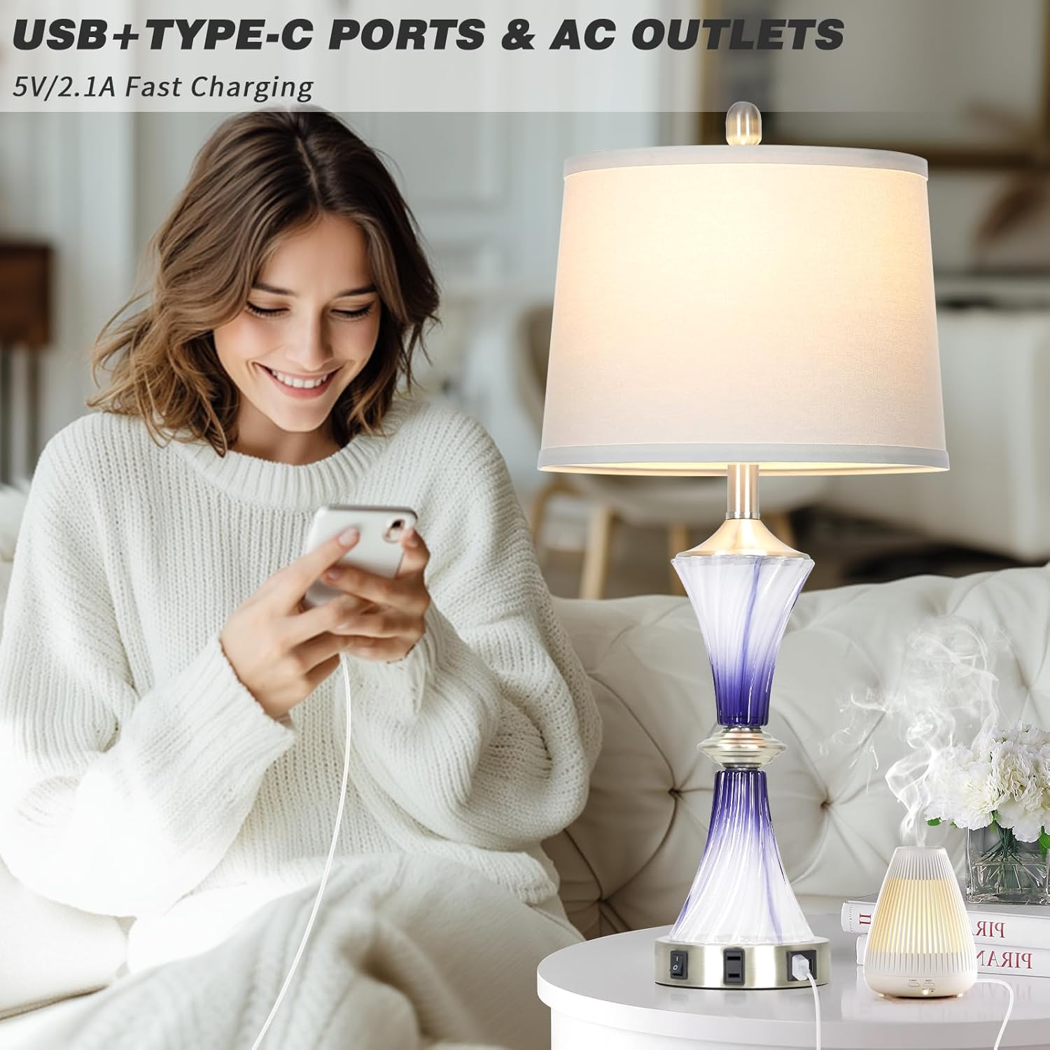 Rinweey Purple Glass Table Lamp Set of 2 with USB C+A Ports & AC Outlet, Bedside Lamp, Modern Bedroom Lamps, Crystal Lamp for Night Stands Bedroom Living Room,Nightstand Lamp LED Bulbs Included