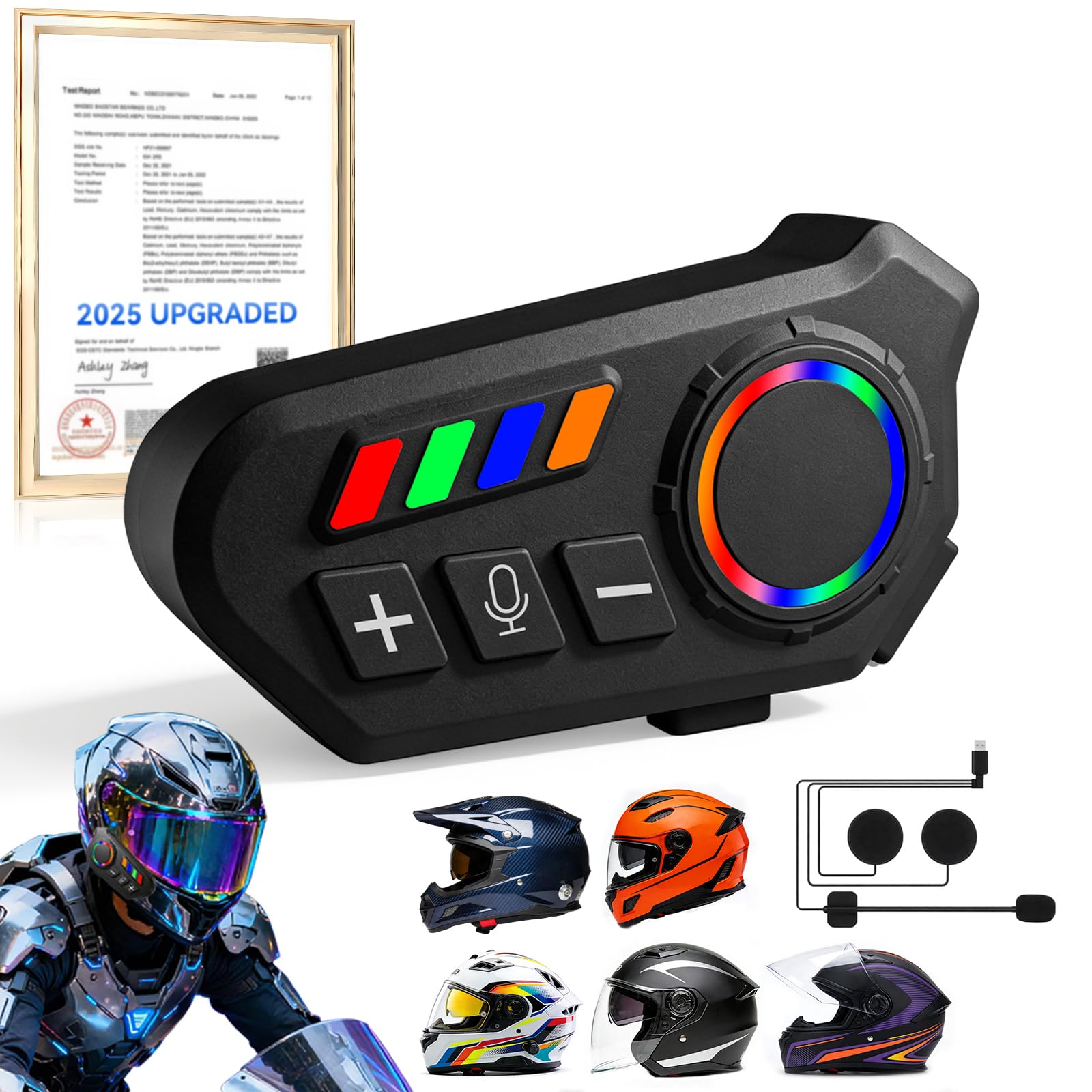 5.0 Motorcycle Bluetooth Headset Helmet Speakers【V1.5.0 Smart Chip】【German 3D Stereo Sound】 Noise Cancellation, 800mAh Battery, Hands-Free Calling Motorcycle Headset, for Cycling Skiing - No Intercom
