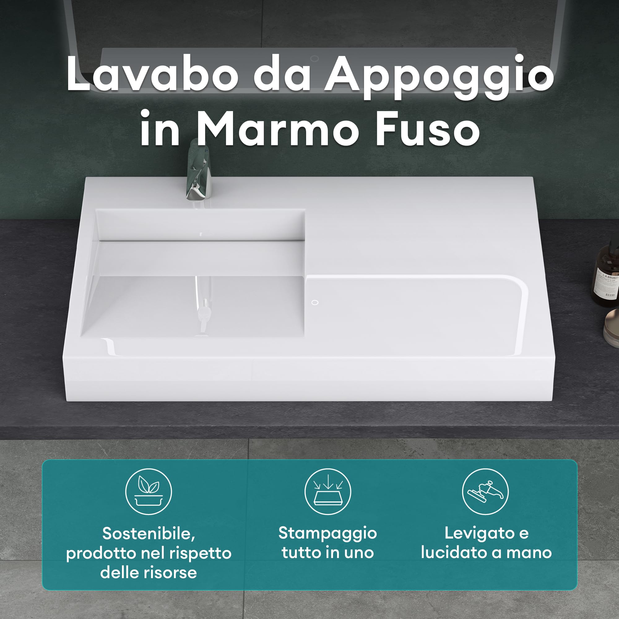 Mai & Mai Lavabo da Appoggio 75x51x13cm in Marmo Fuso, Colossum11 | Lavabo Bagno Sospeso Lavandino Bagno Rettangolare, Lavabo Rialzo, Bianco