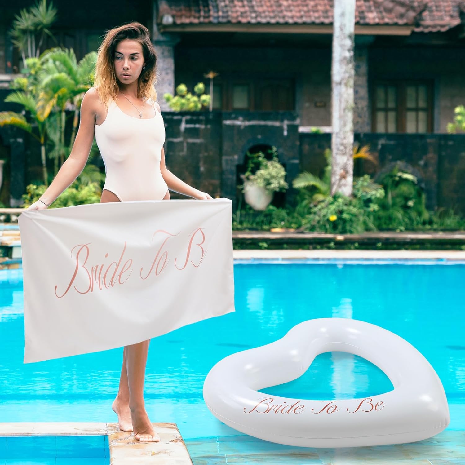 2 Pcs Bride Beach Towel and Pool Float for Bachelorette Gifts 63 x 31 Inch White Beach Towel 47 x 39 Inch Heart Pool Float for Bachelorette Bride Shower Party Favors Wedding Summer - Image 6