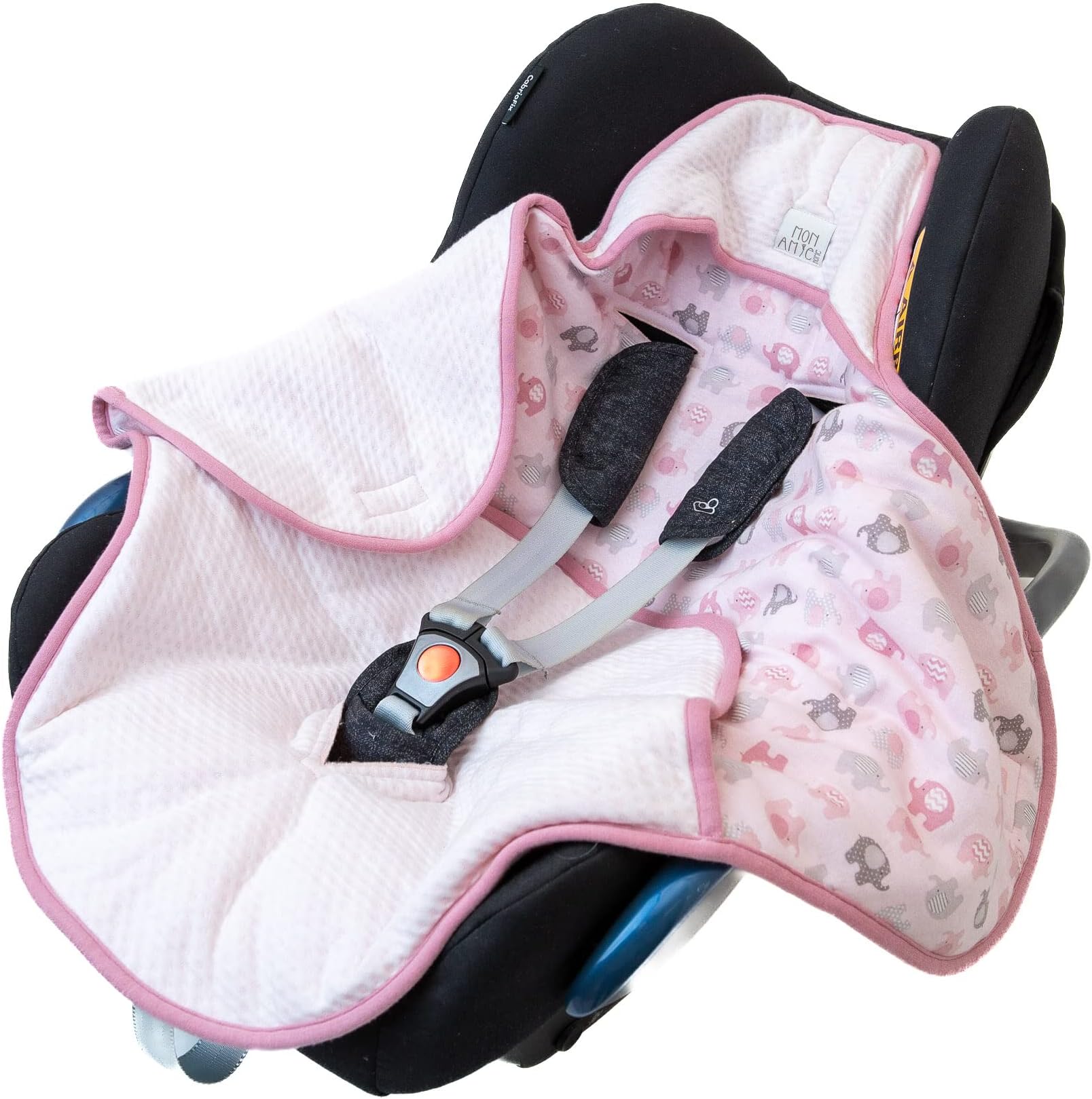 MON AMIE Amelia Baby Blanket Wrap Warmer | Multifunctional Insert for Car Seat, Carrier, Buggy | 2-Sided, 100% Cotton + 100% Polyester Filling | White with Elephants Print, 85 x 76 cm
