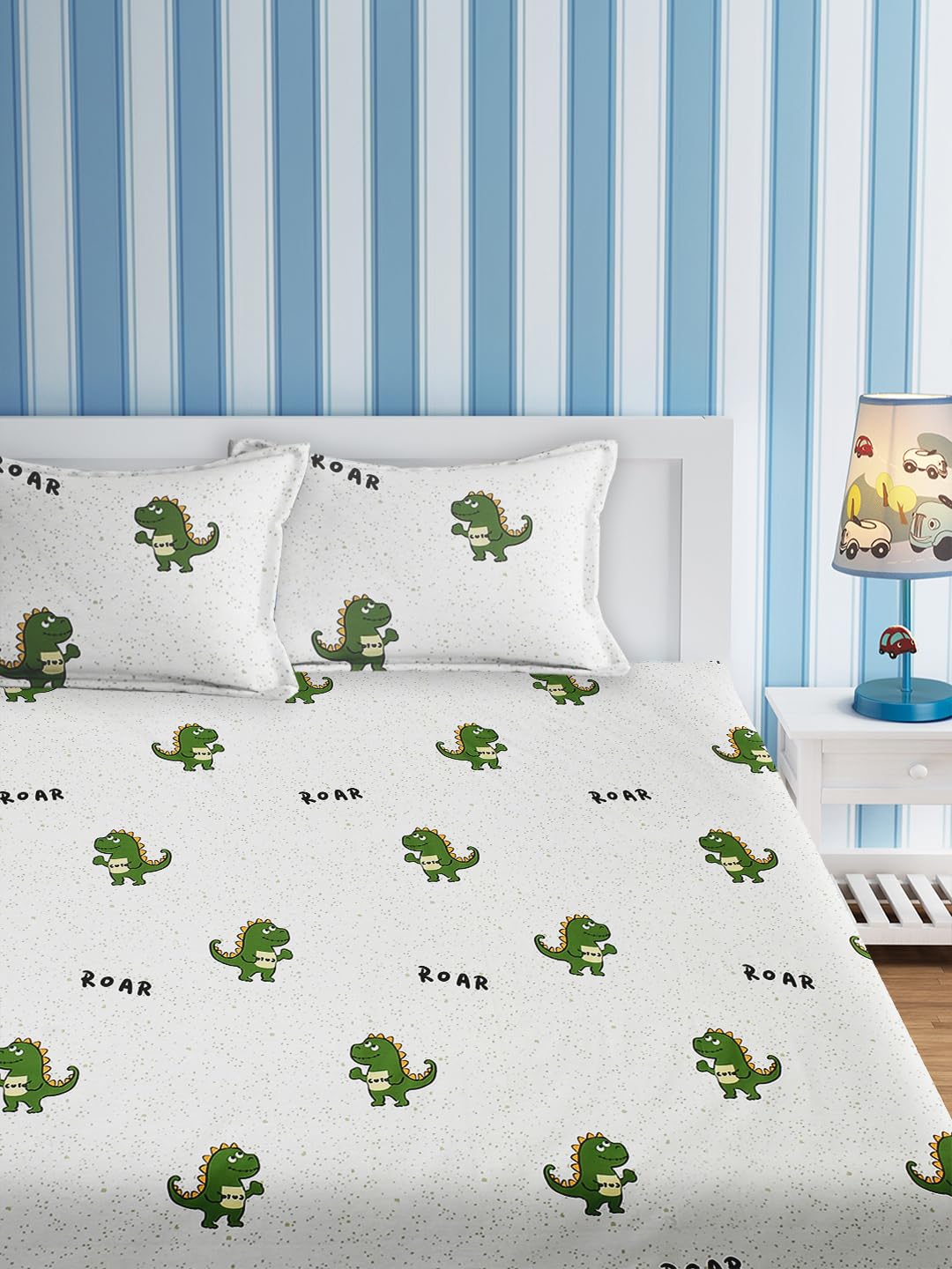 URBAN DREAM Kids Cute Dinosaur Roar Print White and Green BEDSHEET Set (Double Bed)-image-38