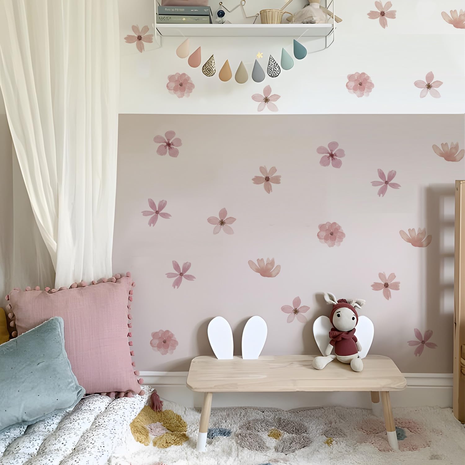 Neukids 48pcs Boho Watercolor Pink Daisies Children's Wall Stickers,Girls Wall Decals Nursery Stickers for Kids Bedrooms Livingroom Kindergarten Window Decor - Image 2