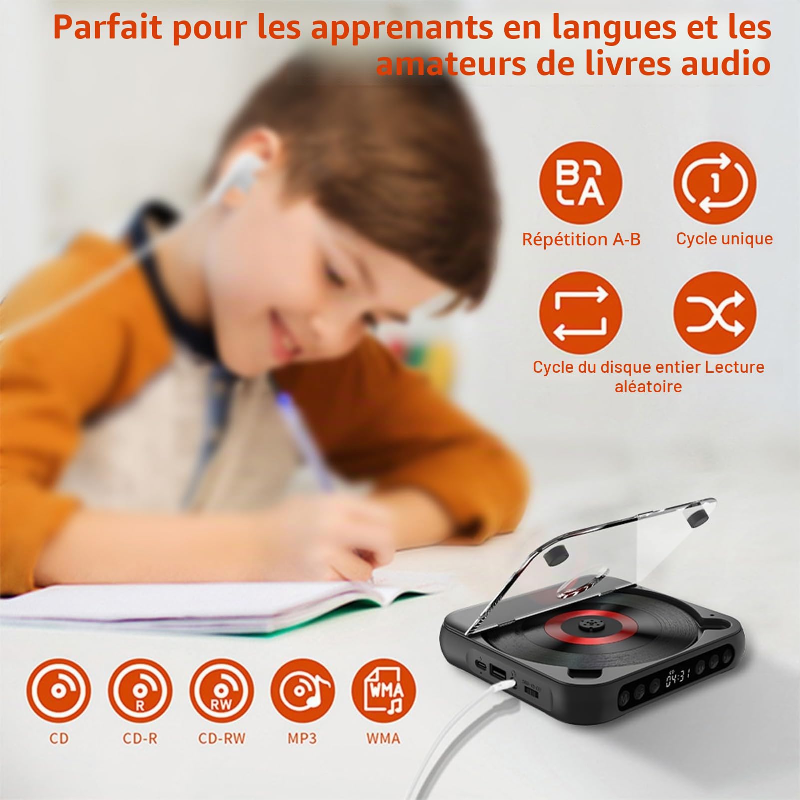 Kavolet Lecteur CD Portable BT - Lecteur CD avec Couvercle Anti-poussière - Casque Inclus - 6 Modes - Minuterie de répétition AB - Télécommande - Fonction de Lecture Externe