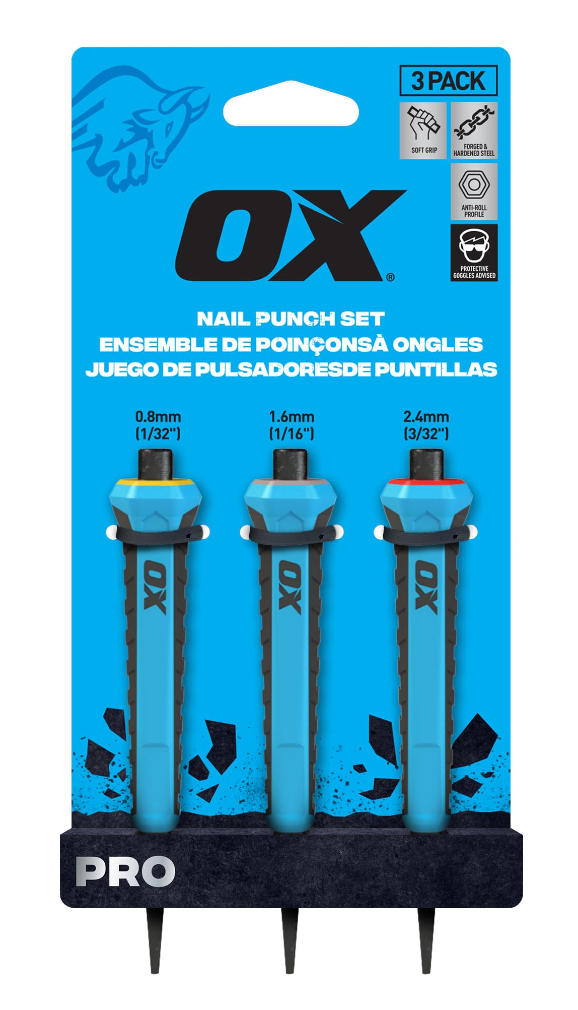 OX ToolsPro Nail Punch 3 Pack Set (0.8mm, 1.6mm, 2.4mm), Forged Hardened Steel, Non-Slip Handles, Hexagonal Anti-Roll Design for Stability, Colour-Coded Centre Punch Set