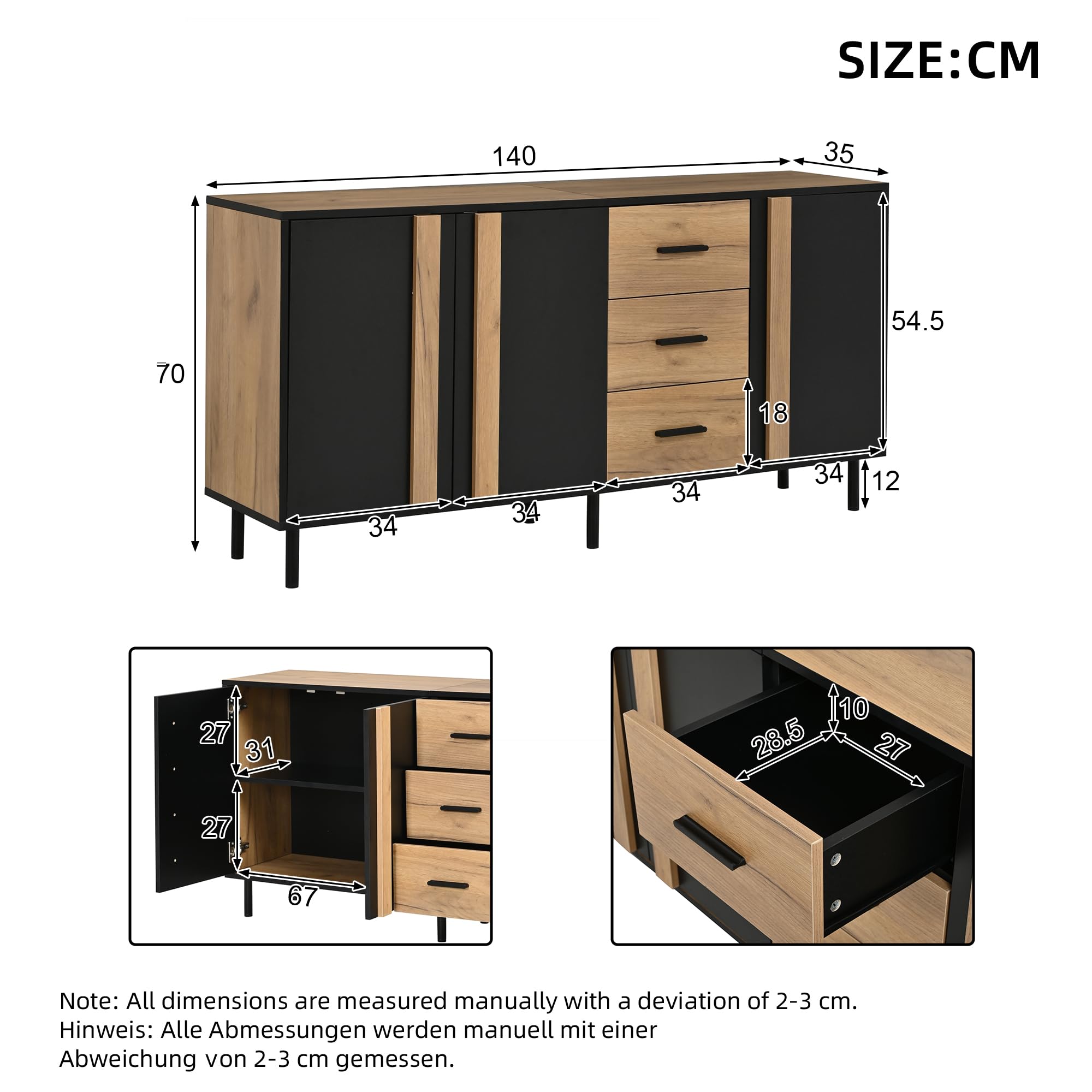 Credenza 140 x 35 x 70 cm in MDF, comò con 3 ante e 3 cassetti