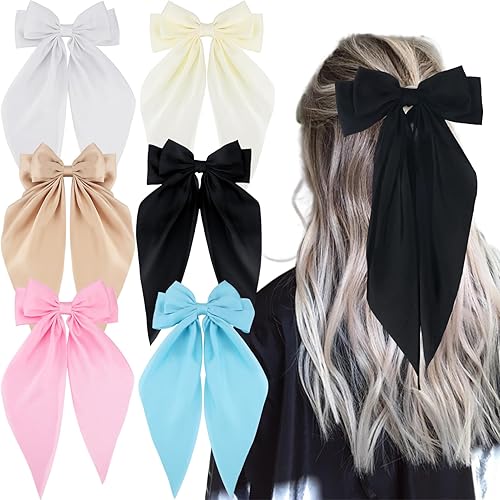 Miniatura 8 de 4 lazos para el cabello para mujer, lazos grandes para el cabello, lazos de satén sedoso negro, cintas para el cabello blanco y rosa, lazos para el