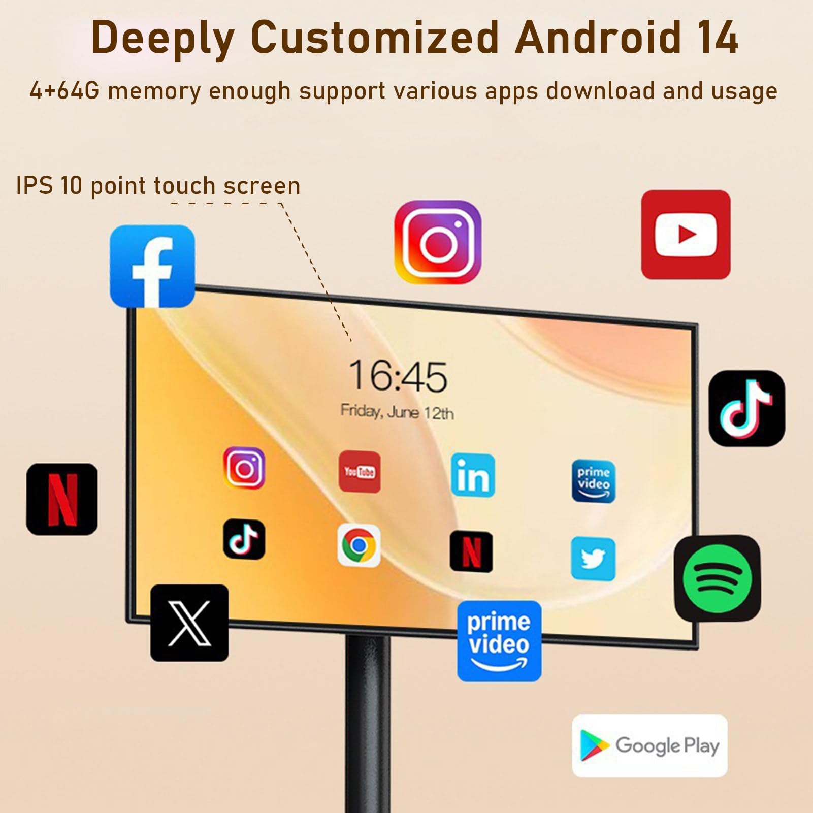 Monitor portatile touchscreen, 21,5 pollici Rolling TV con batteria da 6000 mAh, design mobile intelligente wireless, supporto su ruote, spazio di archiviazione da 128 GB