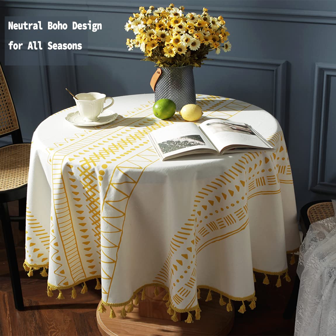 Joyfol Day Linen Tablecloth With Embroidery - Waterproof, Farmhouse Style, 55x120 Inch