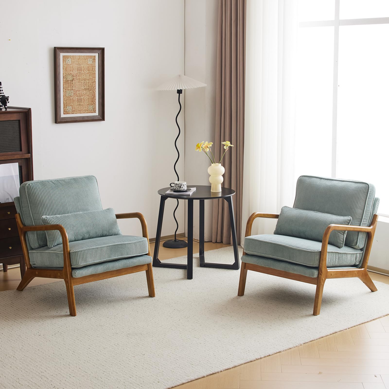 Bonnlo Poltrona Salotto in Legno e Velluto a Coste 65 x 82 x 75cm, Poltroncina Camera da Letto con Braccioli Curvi e Cuscino Lombare, Lounge Chair Design da Lettura e Soggiorno (Azzurro Grigio)