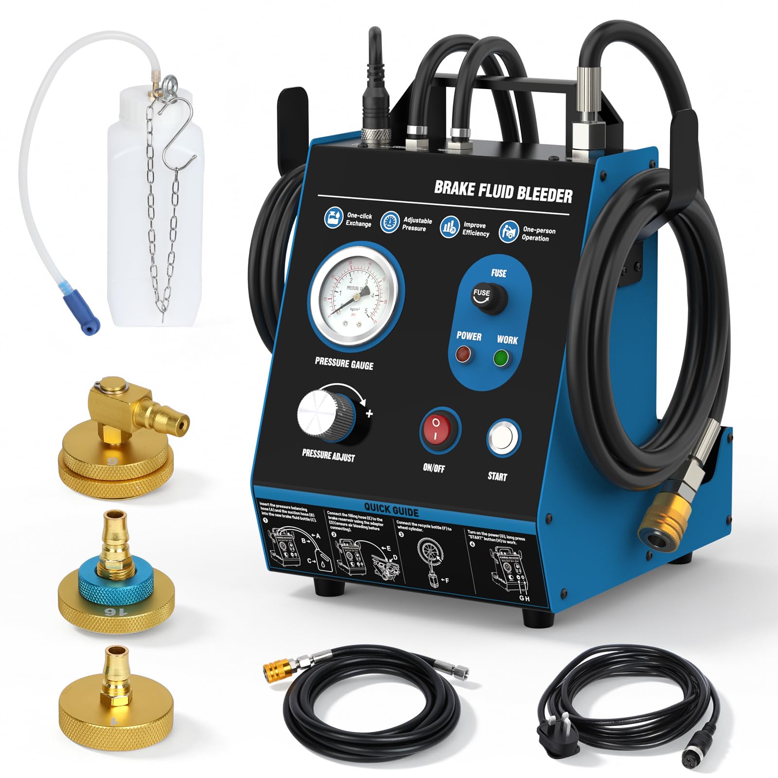 Kit de purga de frenos automática de 220 V, purgador de líquido de frenos de pulso de potencia 7-36 PSI, relleno de vacío sin aire, purga de freno de presión ajustable con protección contra