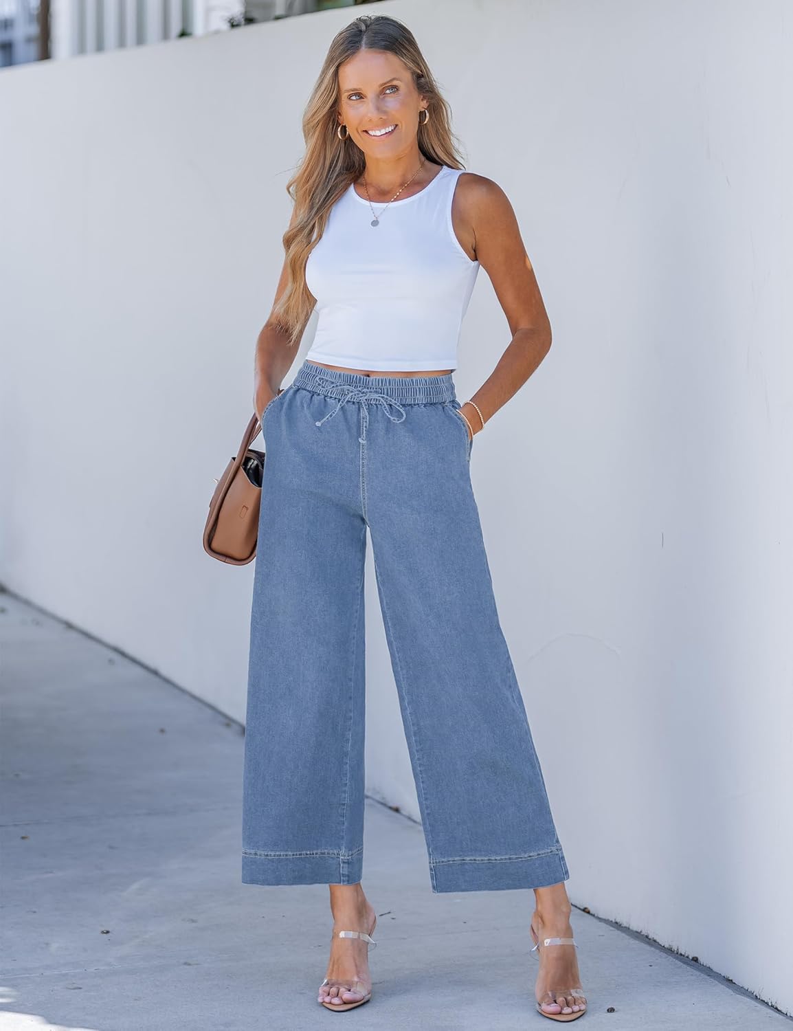 luvamia Wide Leg Jeans for Women High Waisted Cropped Pull On Jeans Elastic Wasit Drawstring Stretch Denim Trouser Pants - Image 9