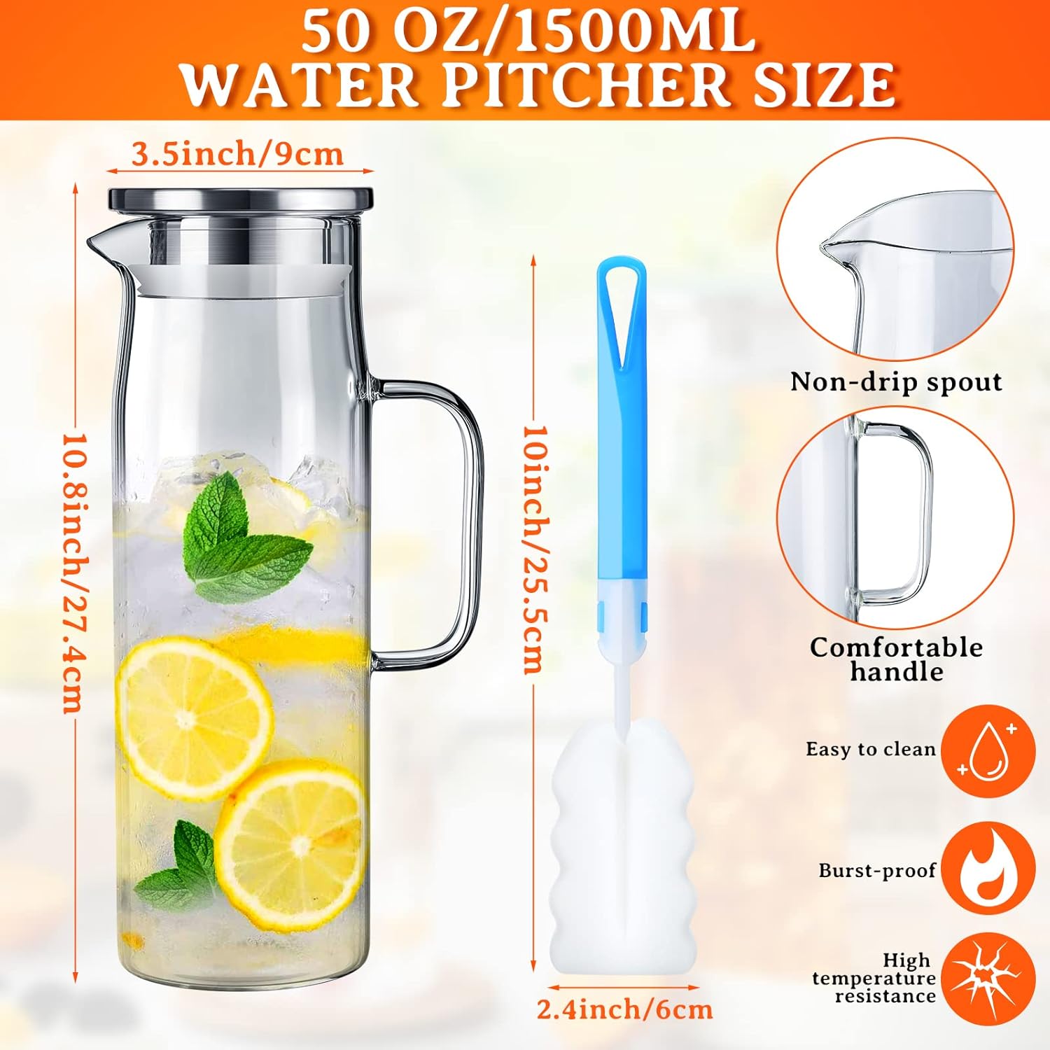 4 Pieces 50 Oz/ 1500 ml Glass Pitcher with Lid and Handle Water Pitcher Borosilicate Glass Carafe Glass Jug Orange Juice Container with Brush for Iced Beverage Ice Tea Hot Cold Coffee Fridge Kitchen
