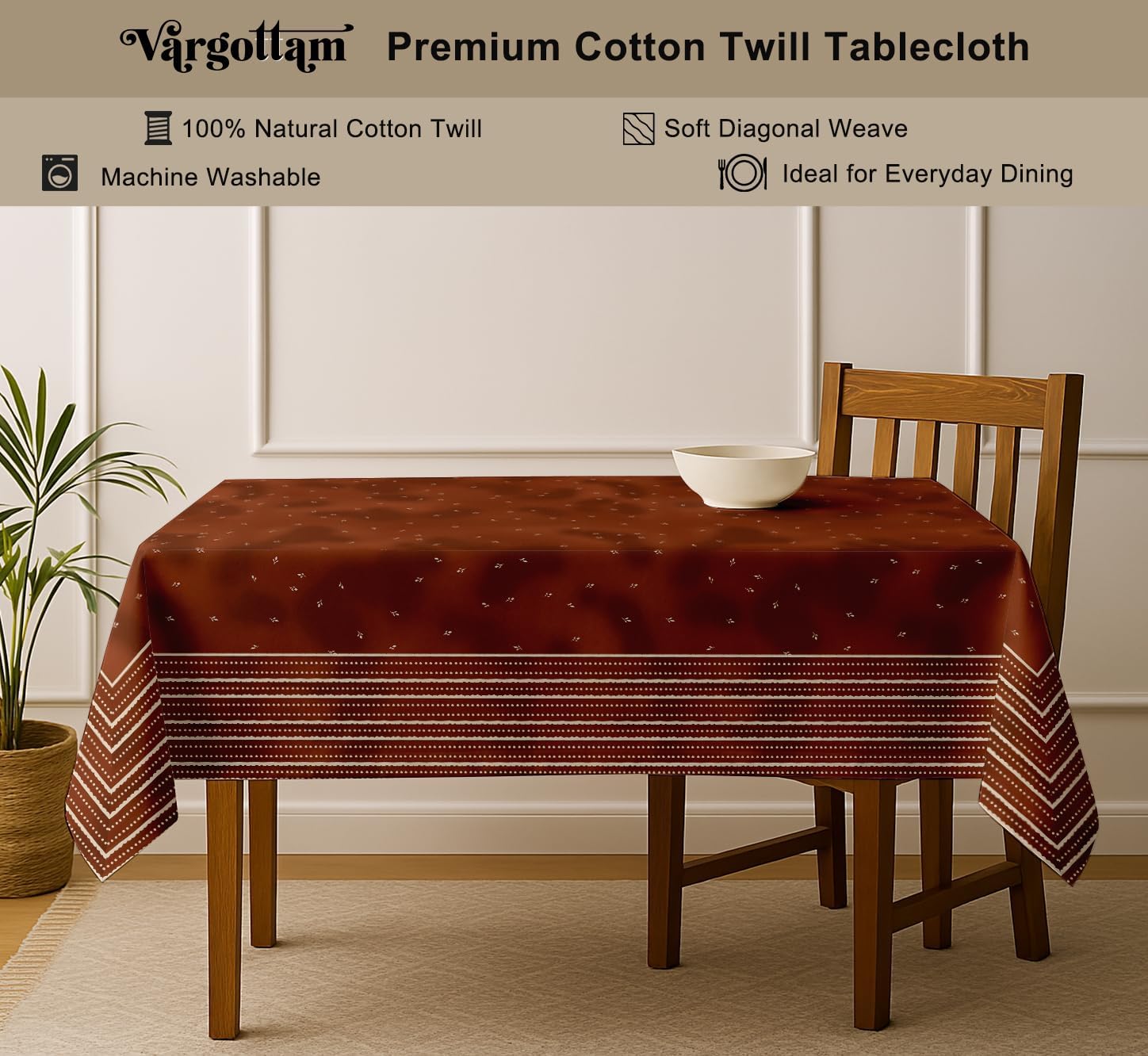 Leaves Design Tablecloth- Brown 60x60 Inch Cotton Twill Dining Table Cover, Perfect for 4 Seater Tables, Durable, Protective & Washable, Ideal for Everyday Use, Festive Occasions & Gathering