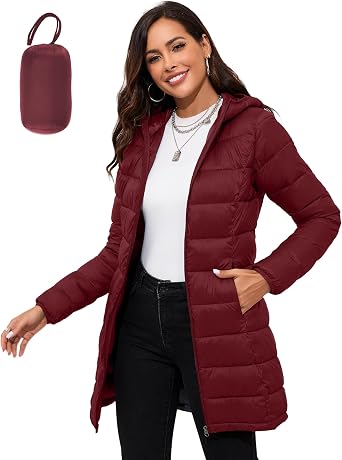 ANOTHER CHOICE Women Packable Hooded Puffer Jacket for TravelWine Red S