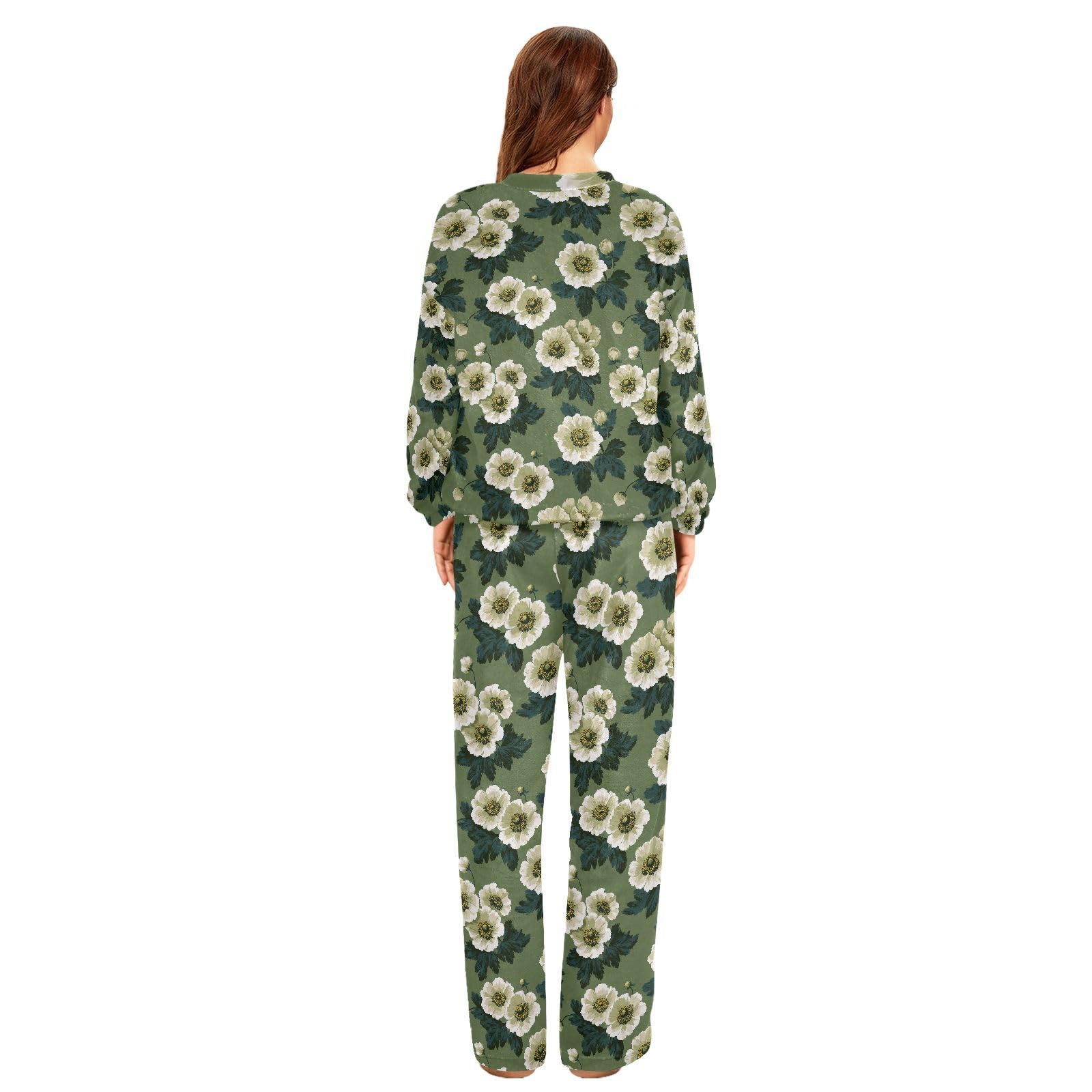 Casualowy damski zestaw piżamowy Anemone Coronaria Sage Green top i spodnie z długim rękawem