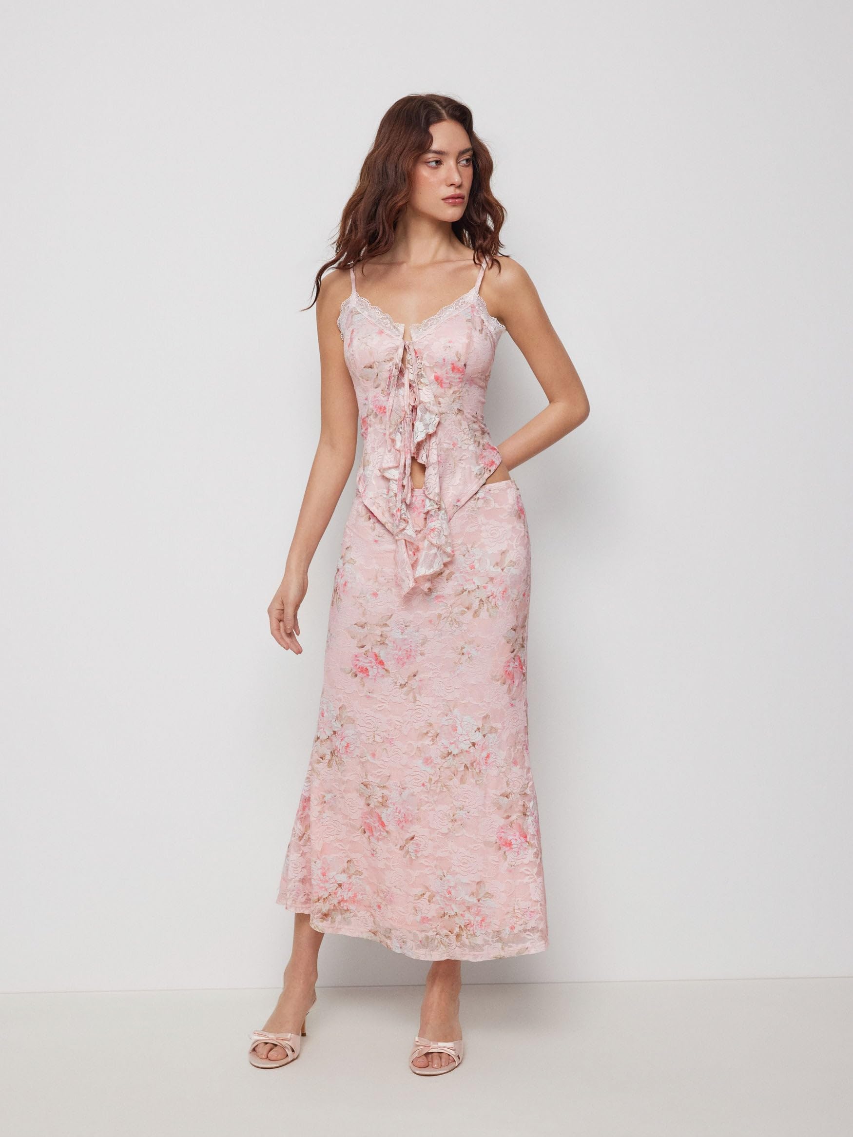 CIDER Zweiteiliges Damen-Outfit, florale Spitze, Spaghettiträger, Tank-Top, figurbetont, Midi-Röcke, Sommer, Urlaub, Party, Outfits