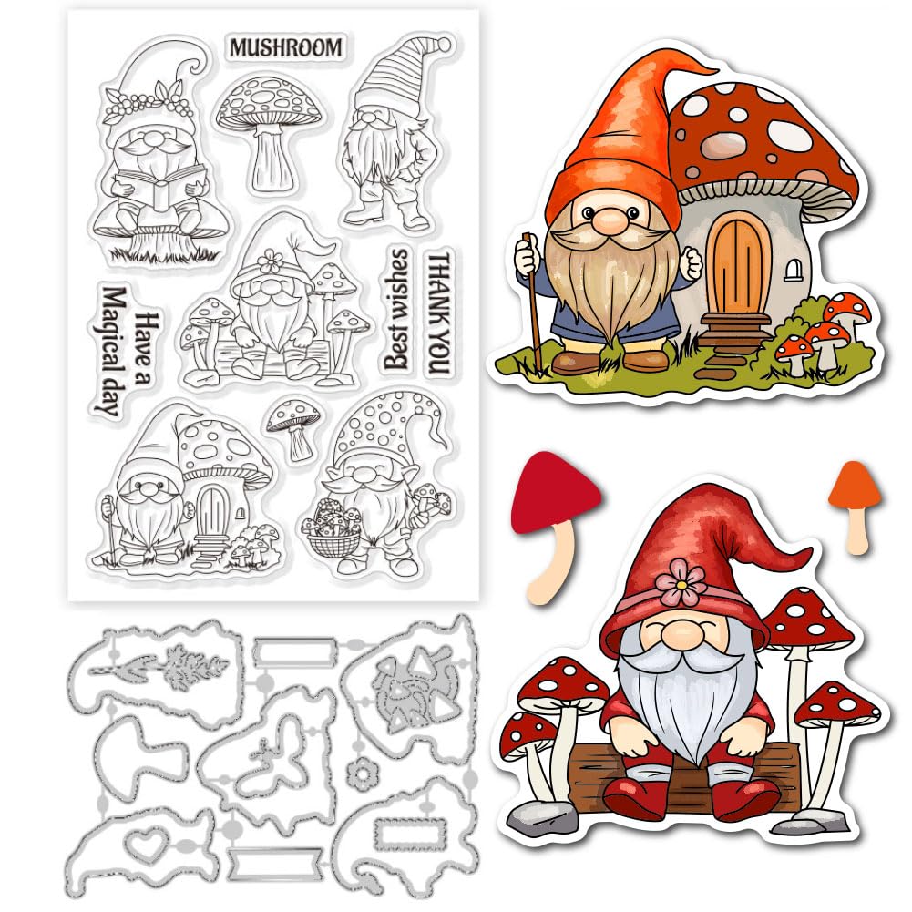 GLOBLELAND Spring Gnome and Mushroom Clear Stamps and Cutting Dies Set for DIY Scrapbooking Cards Making Decorative Photo Album Notebook