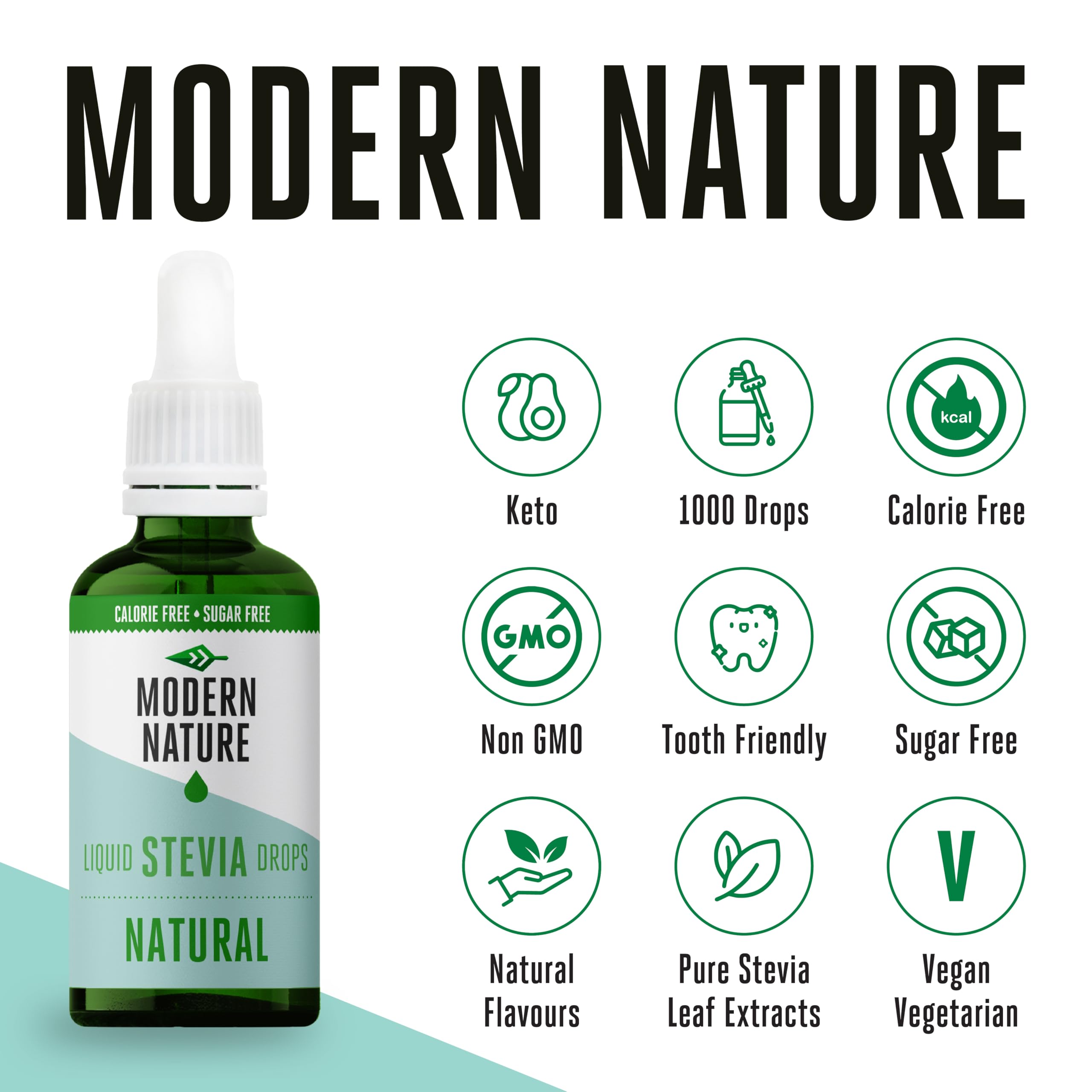 Czysta stewia w płynie słodzik Modern Nature - naturalny – Bez dodatków smakowych - krople 50 ml - zero kalorii i bez cukru (Naturalny, 50ml)