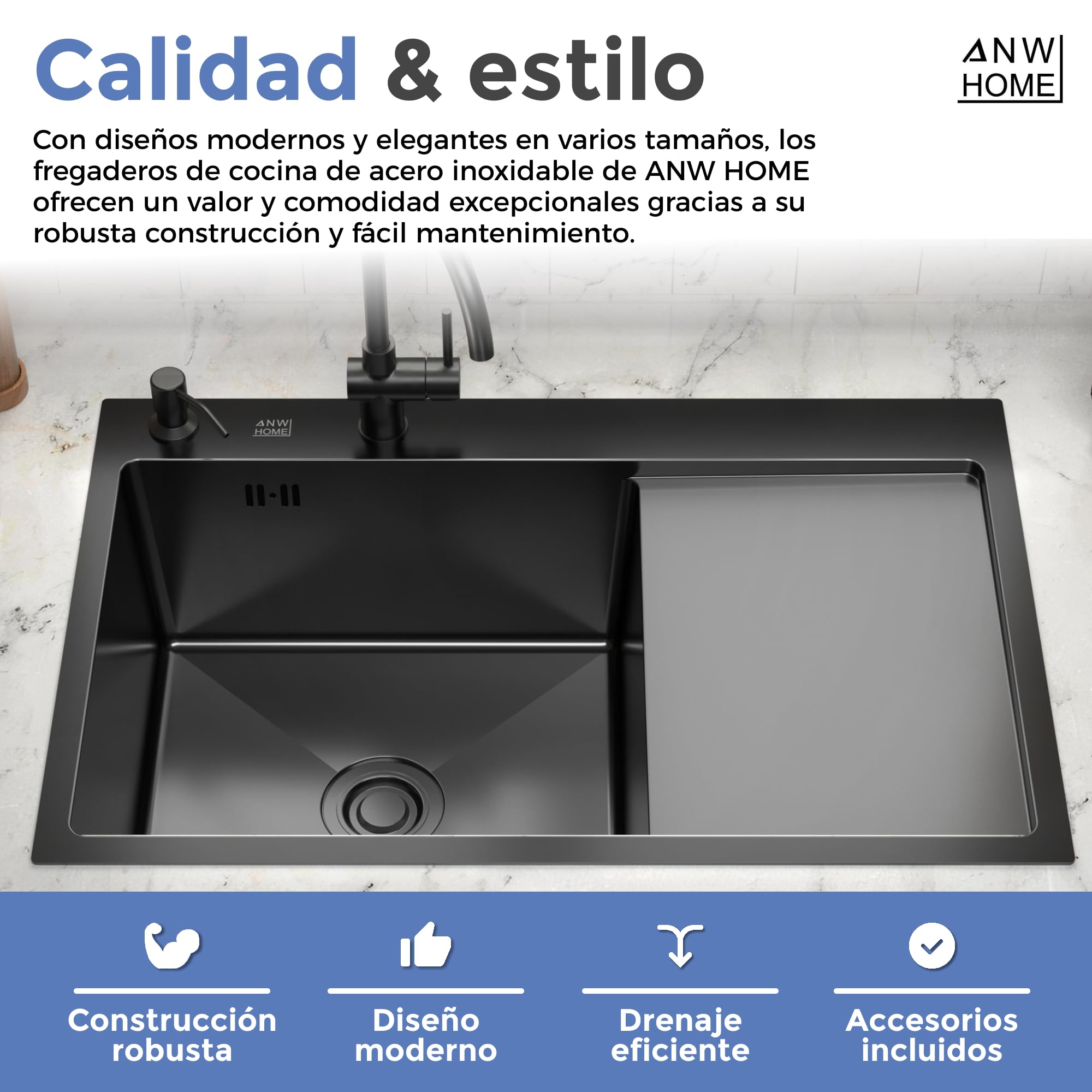 ANW HOME Fregadero Cocina 1 Seno Sobre Encimera con Escurridor, Acero Inoxidable 304, 78x50 cm, Grafito PVD, Acabado con Nano-Revestimiento, Grosor 3.0+1 mm, 22 cm, con Sifón, Dosificador y Cesta