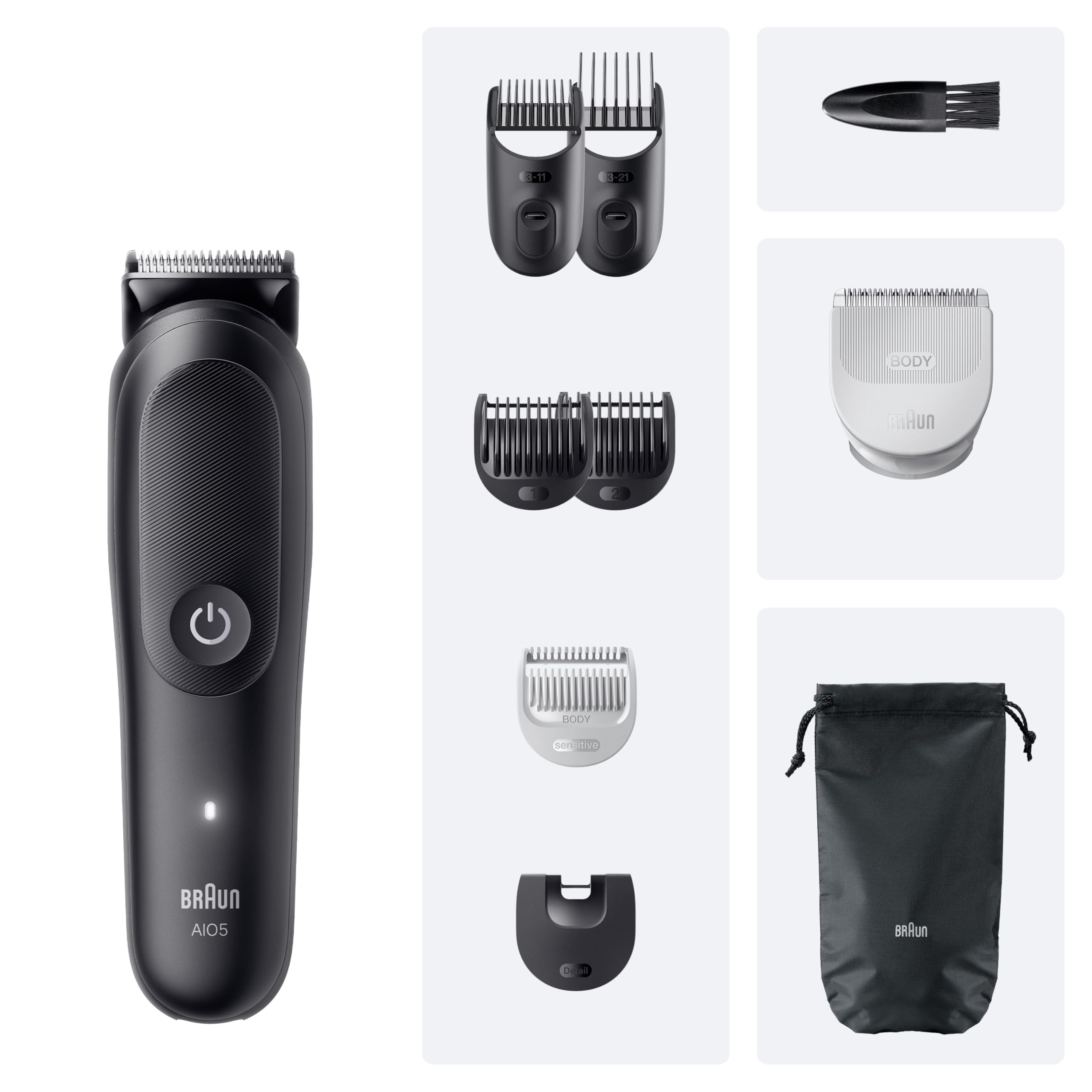 Braun Series 5 AIO5540 9-en-1 Tondeuse Electrique Homme, Noire, Etanche, Batterie Rechargeable, Lame Ultra Affutée, sans Fil, Coffret avec 7 Sabots