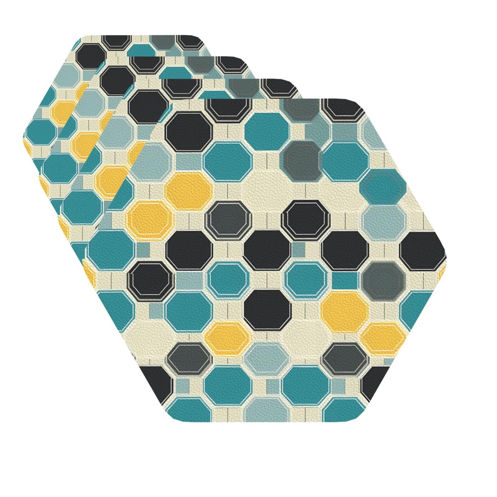 Drink Coasters Set of 4 Quick-Dry Leather Coaster Octagons Printed Coasters for Drinks Coffee Cup Mat Tabletop Protection Heat Resistant Coaster for Kitchen Bar Office Home Decor