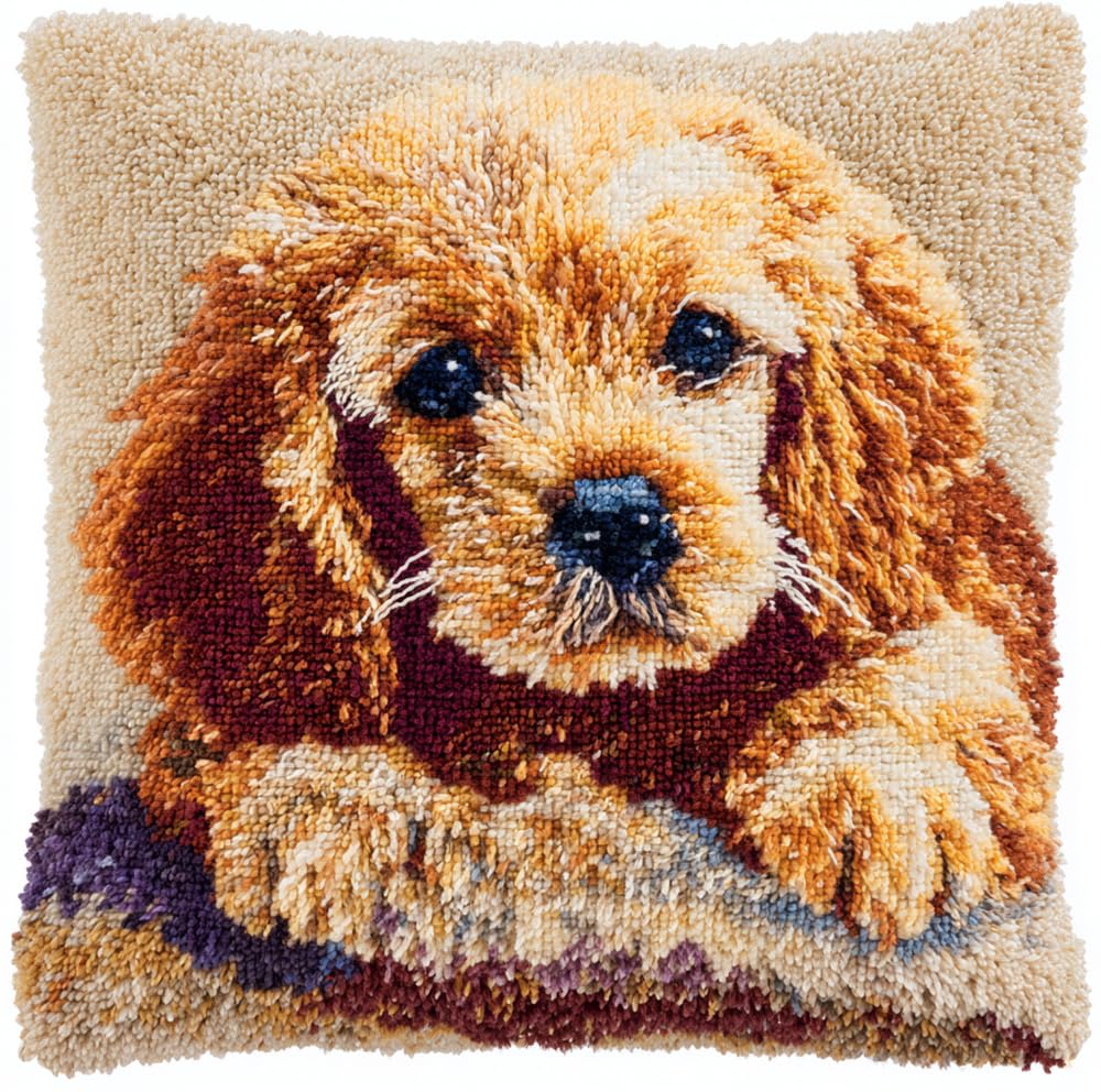 Henypt Latch Hook Sloth Cushion Kits-43X43Cm, Cocker Spaniel Dog Puppy DIY Latch Hook Pillowcase Carpet Embroidery Set, Crochet Canvas Pattern Needlework Crafts for Kids Adults and Beginners, 17X17