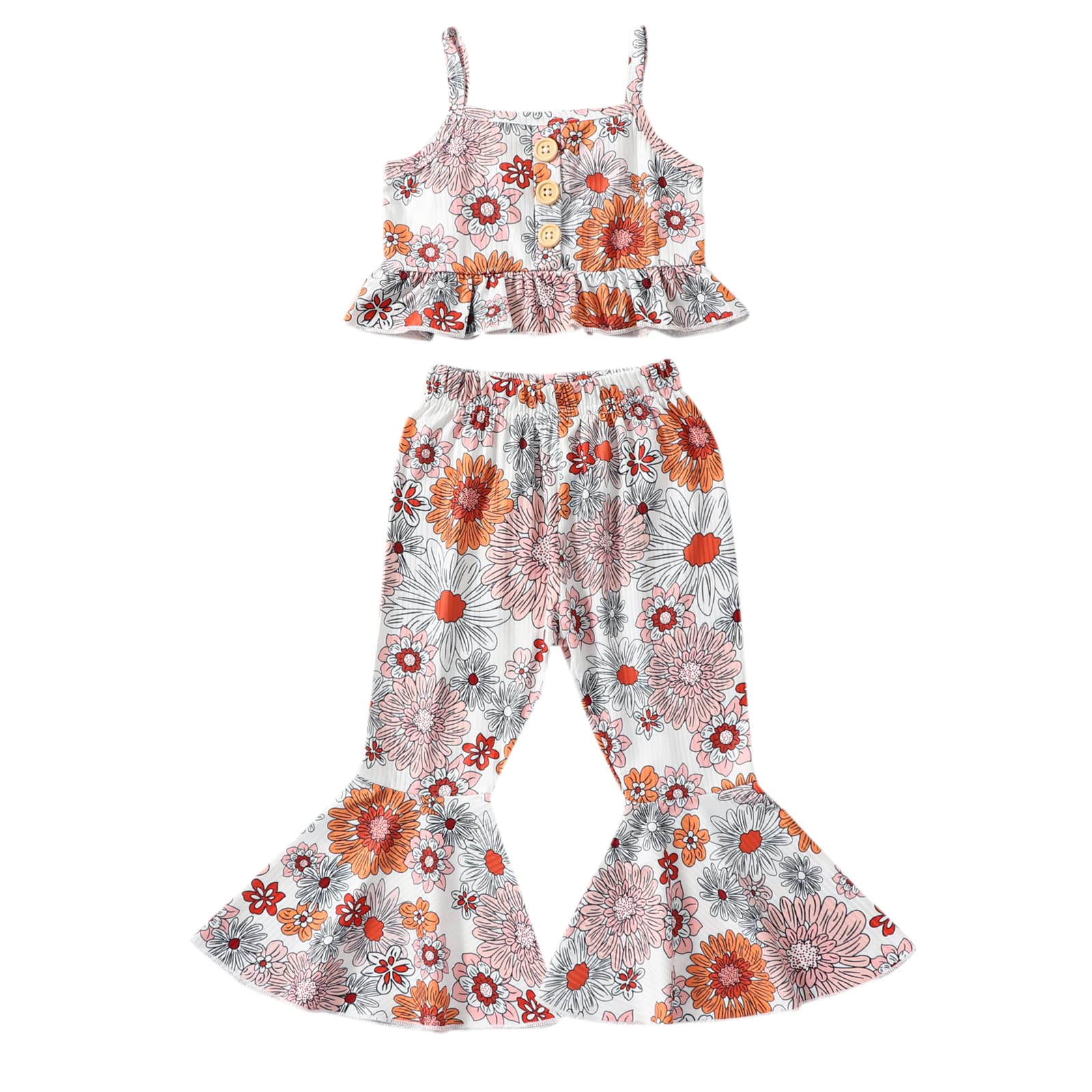 Newborn Baby Girl Summer Outfit Westen Crop Top Bell Bottoms Flare Pants Set Toddler Summer (White Floral, 18-24 Months)
