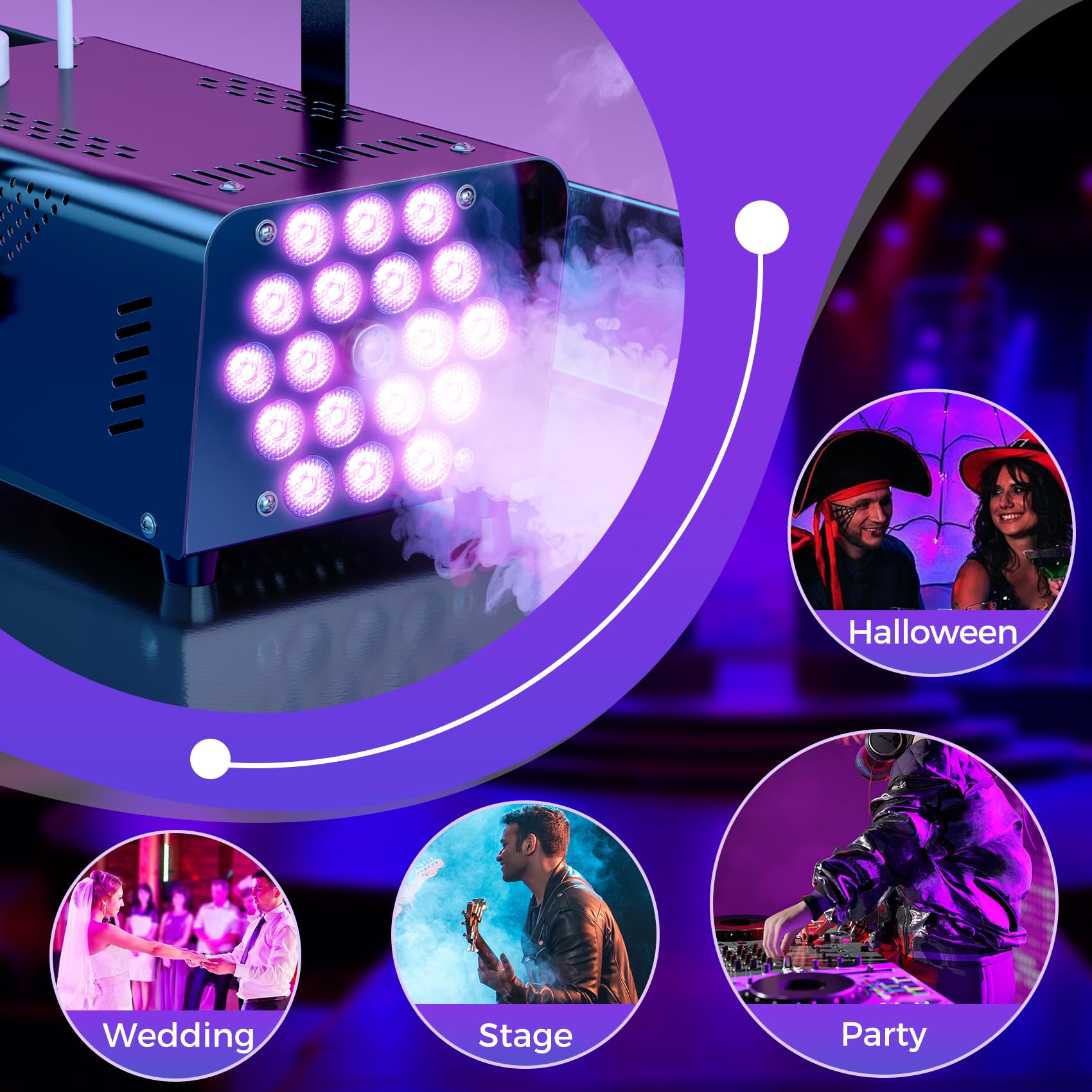 Fog Machine Smoke Machine, 18 LED Lights with 13 Colors, 600W and 2500CFM Fog, Wireless&Wired Remote control, Perfect for Wedding, Halloween, Party and Stage Effect (BLACK)