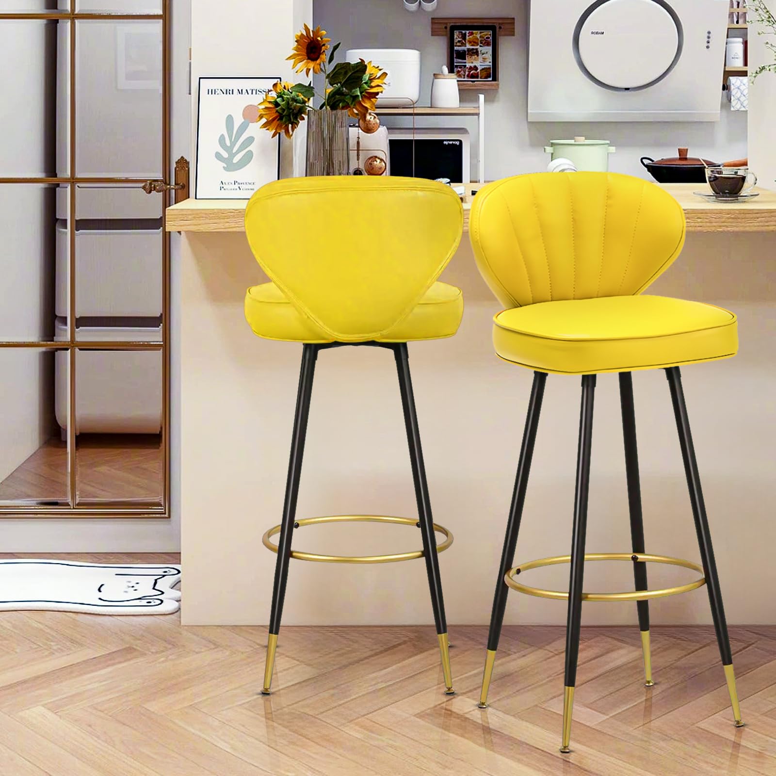 Bar Stools Counter Height HONEY JOY 24 Wood Faux Leather Woven