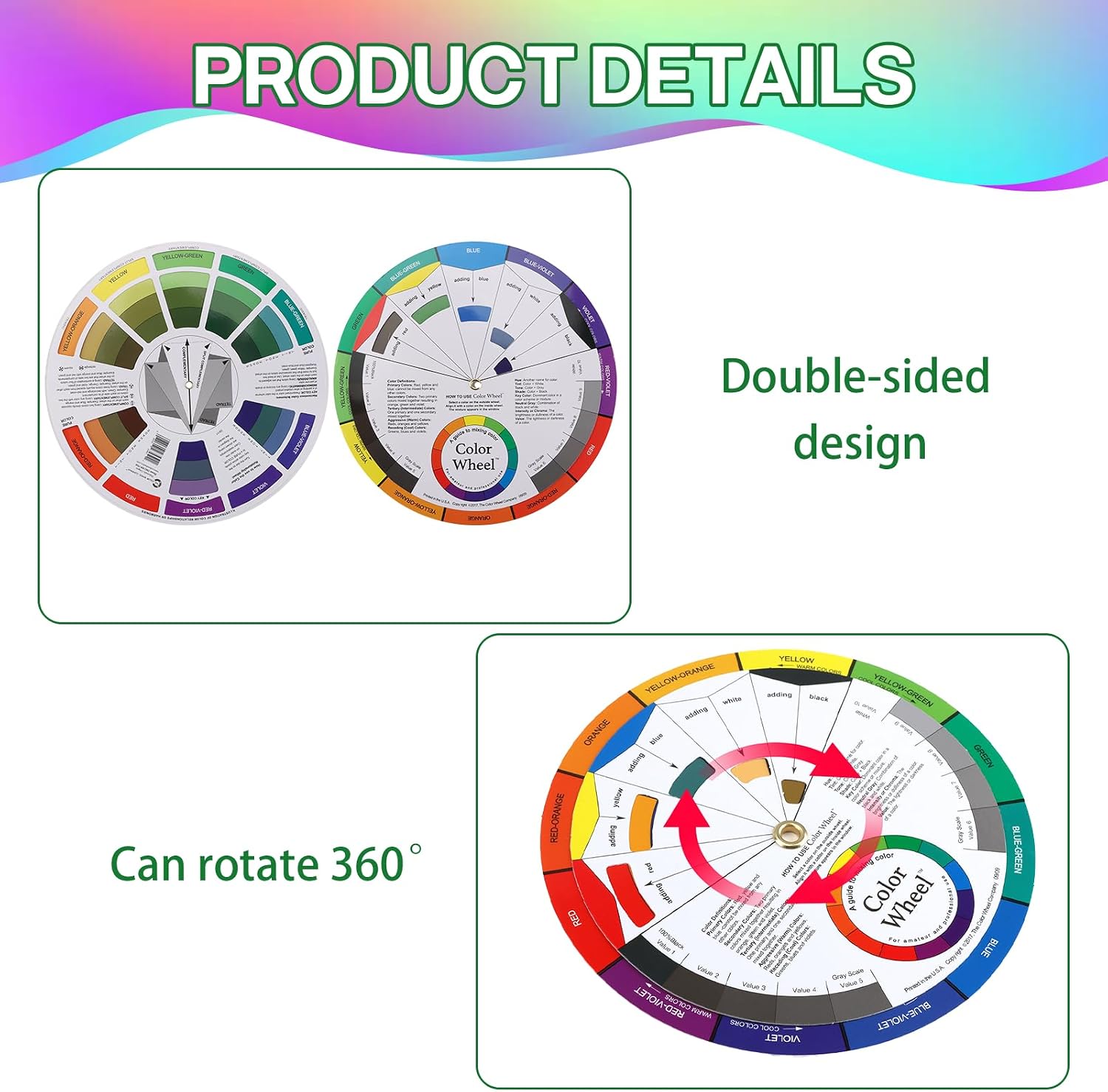 Creative Color Wheels for the Artist, Paint Mixing Guide for Artists Quilters and Makeup Blending, Portable Color Matching Spinner for Watercolor Learning Art Class Teaching (9" 2pcs)