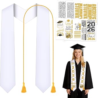 Dreamtop Graduation Stole Class of 2026 - Plain Graduation Sash with 8Pcs Personalized Decals Heat Transfer & A Honor Cords, Iron-On White Sublimation Stole for Unisex Adults