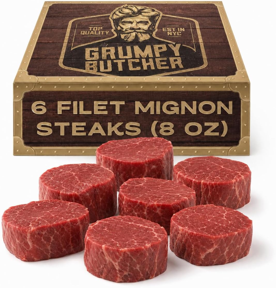 Grumpy Butcher Aged Large Filet Mignon Steaks, 6 Pack - USDA Prime or Top Third Angus Choice Beef Tenderloin Filets With Gift Box Option - Ships Frozen