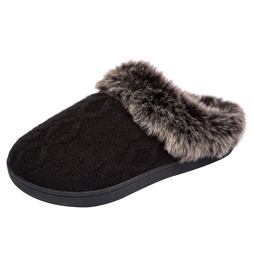 Amazon.com | WOTTE Women's Cable Knit Slippers Faux Fur Lining Furry Collar Memory Foam Clog shoes Size 6-7 Black | Slippers