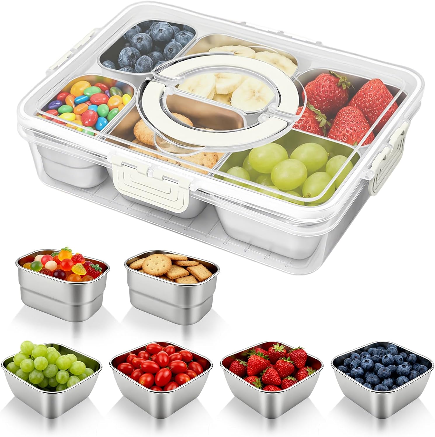 WanshengLe 6 in 1 Stainless Steel Snackle Box with Lids and Handle, Dishwasher Safe 6 Compartment Divided Reusable Snacklebox, Storage Snack Box for Snacks Fruit Nuts