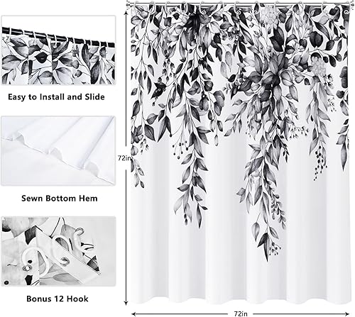 Miniatura 6 de Cortina de ducha gris para baño, juego de cortinas de ducha de eucalipto gris con hojas de acuarela, cortina de ducha de plantas, cortinas de baño