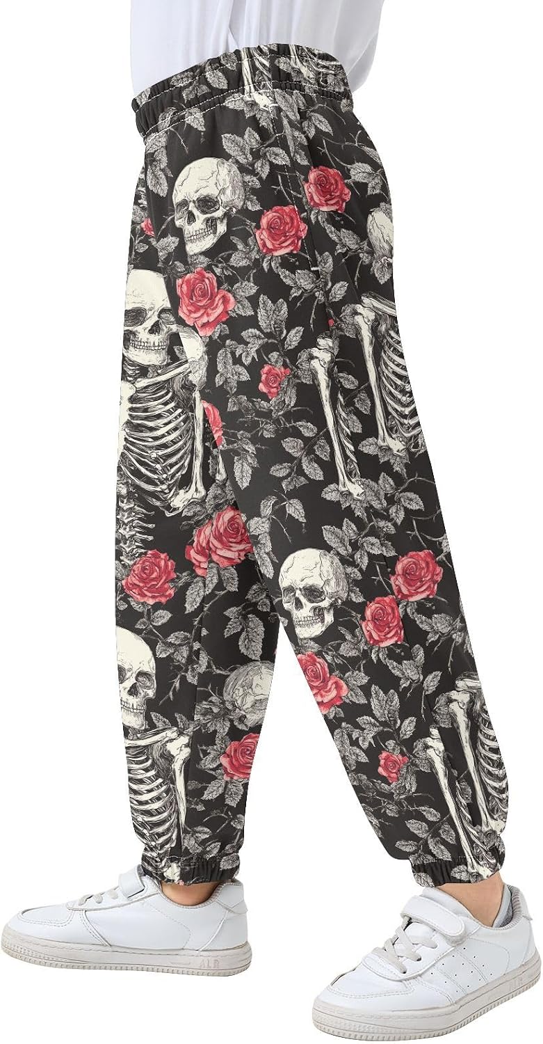 Boy Sweatpants Leaf Skeleton Red Rose Joggers Casual Athletic Pants Kids Elastic Waist Cuffed with Pockets